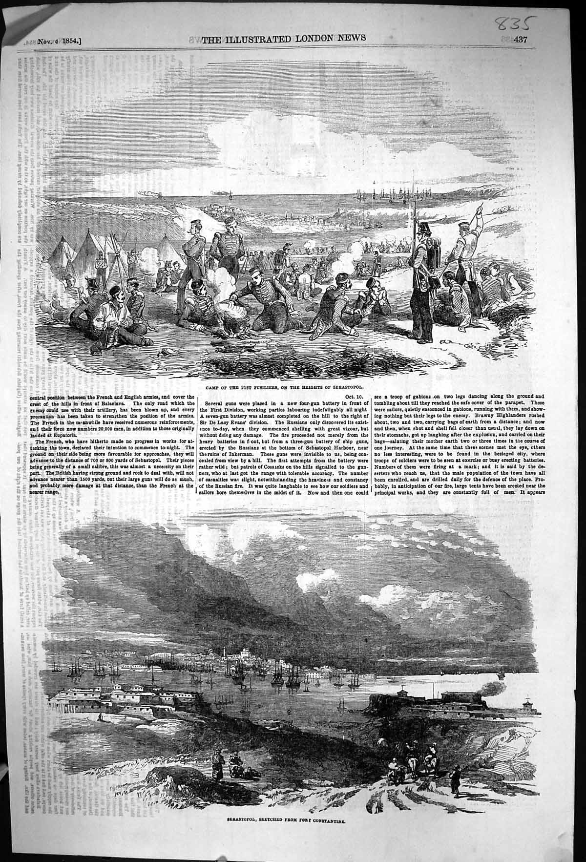Old Print 1854 War Camp Fusiliers Sebastopol Fort Constantine Siers Ship 19th
