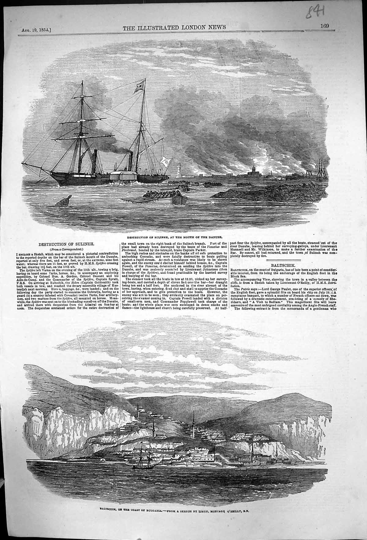 Old 1854 Destruction Sunlineh Ship Danube Baltschik Bulgaria Montagu Victorian