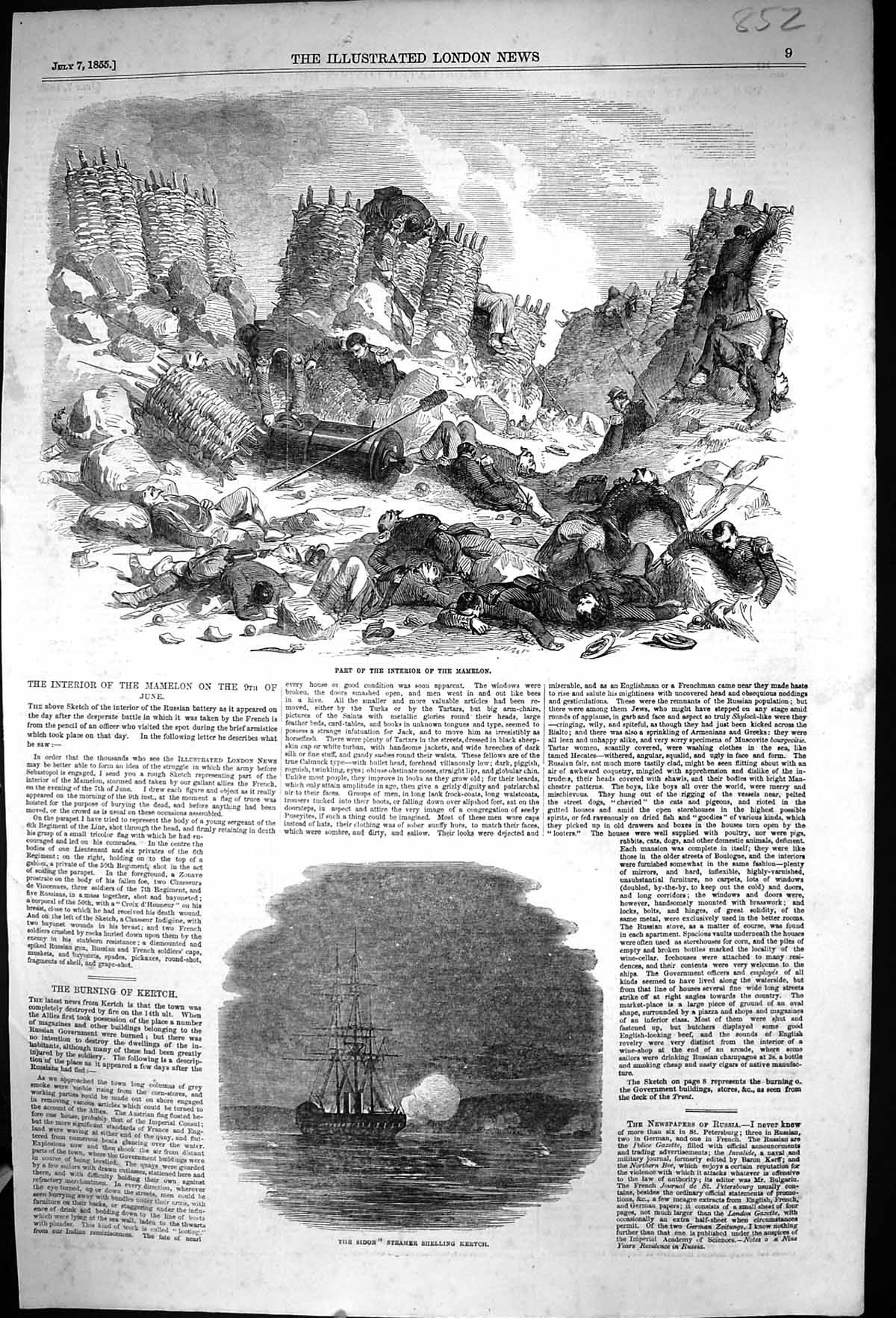 Old Print 1855 Russian Battery Mamelon Dead Siers War Sidon Ship Steamer 19th