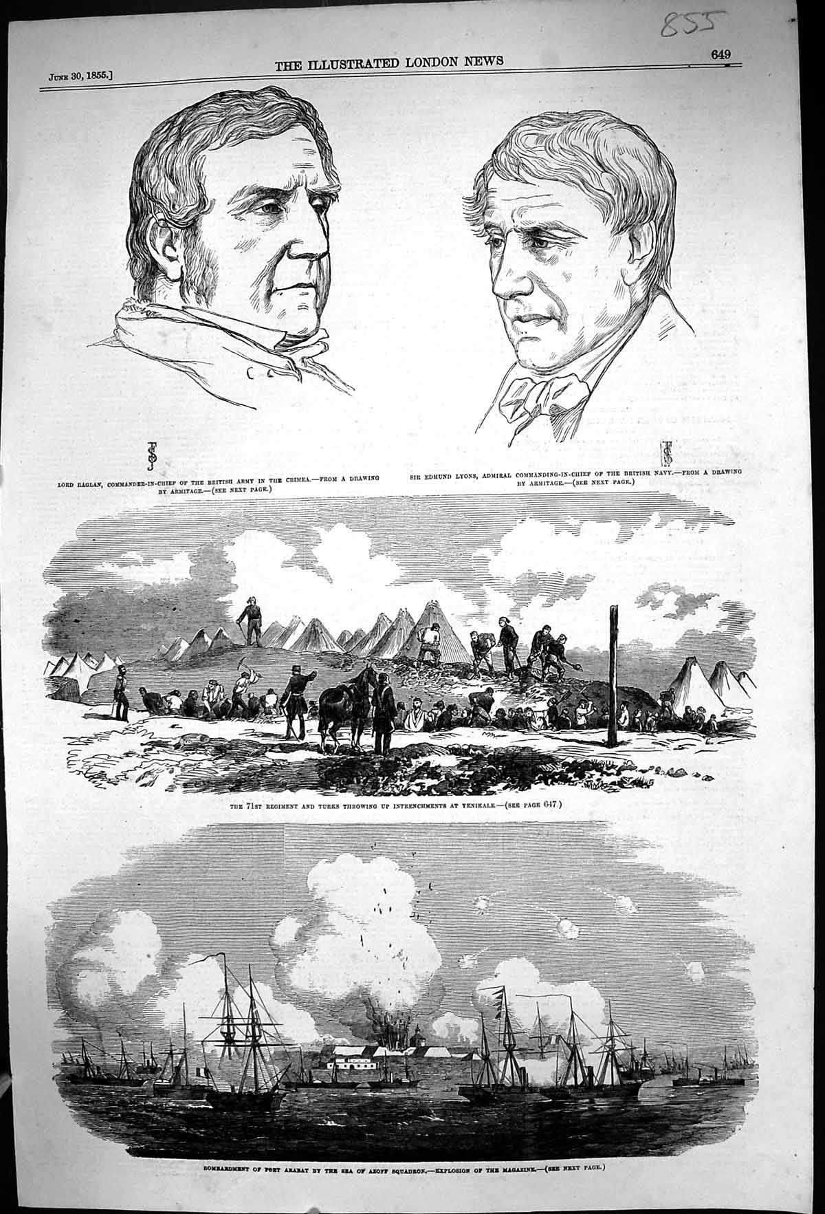 Old 1855 Fort Arabat Ships War Yenikale Lord Raglan Crimea Edmund Lyo Victorian
