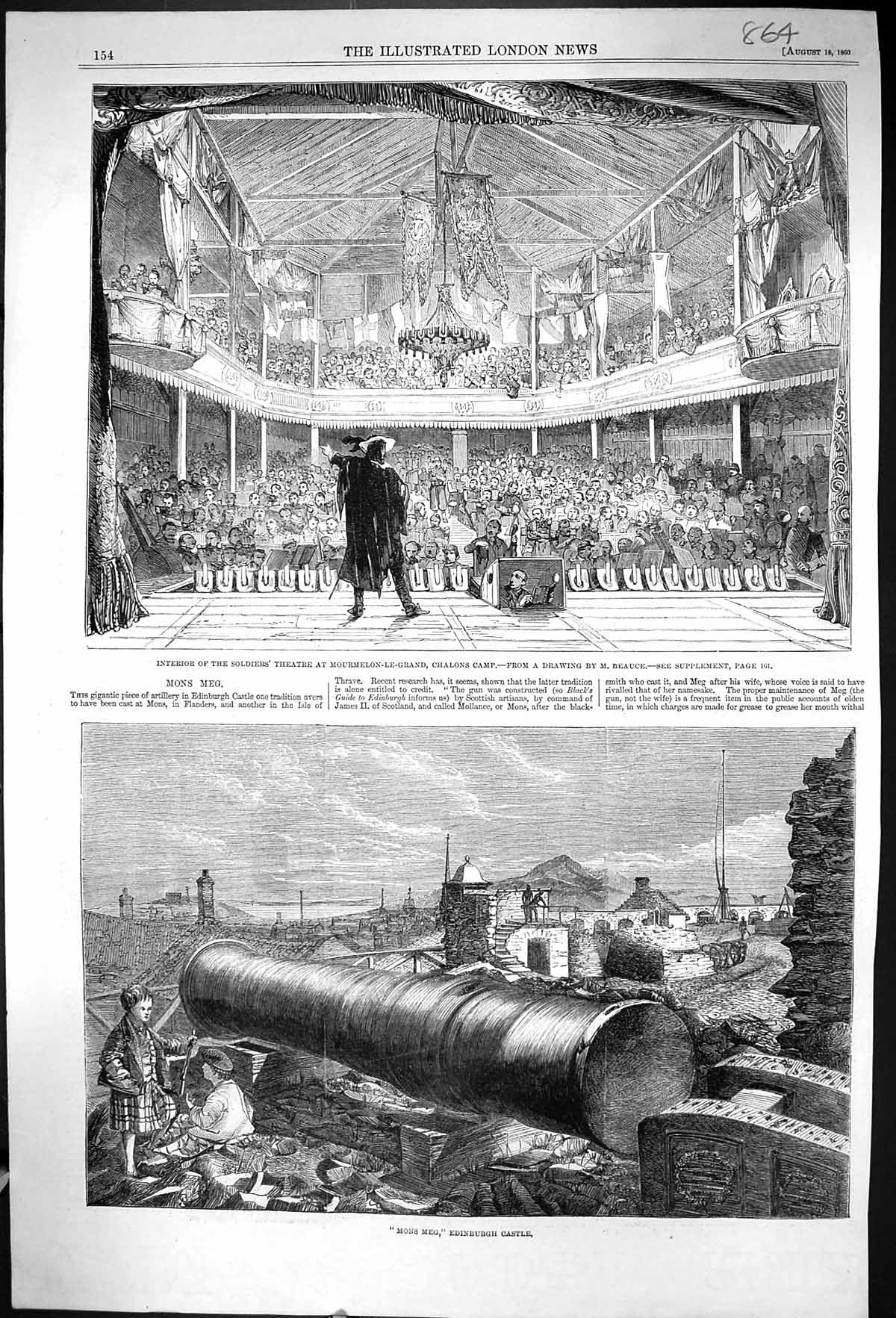 Old Print 1860 Siers Theatre Mourmelon-Le-Grand Chalons Mons Meg Edinbur 19th