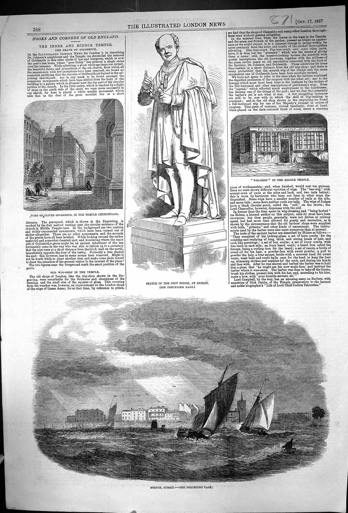 Old 1857 View Bognor Sussex Sailing Yachts Statue Poet Moore Tomb Gol Victorian