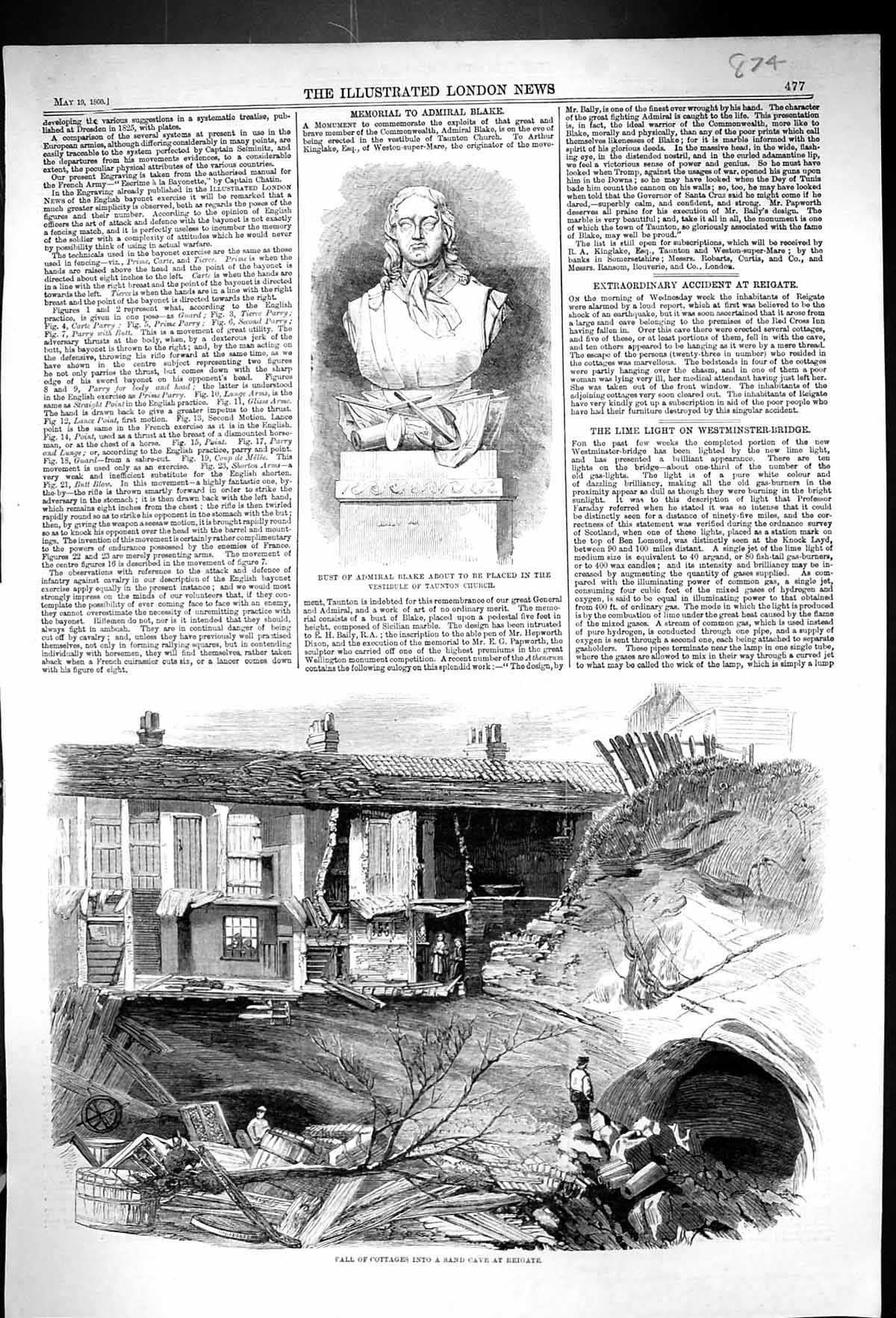 Old 1860 Bust Admiral Blake Taunton Church Fall Cottages Sand Cave Re Victorian