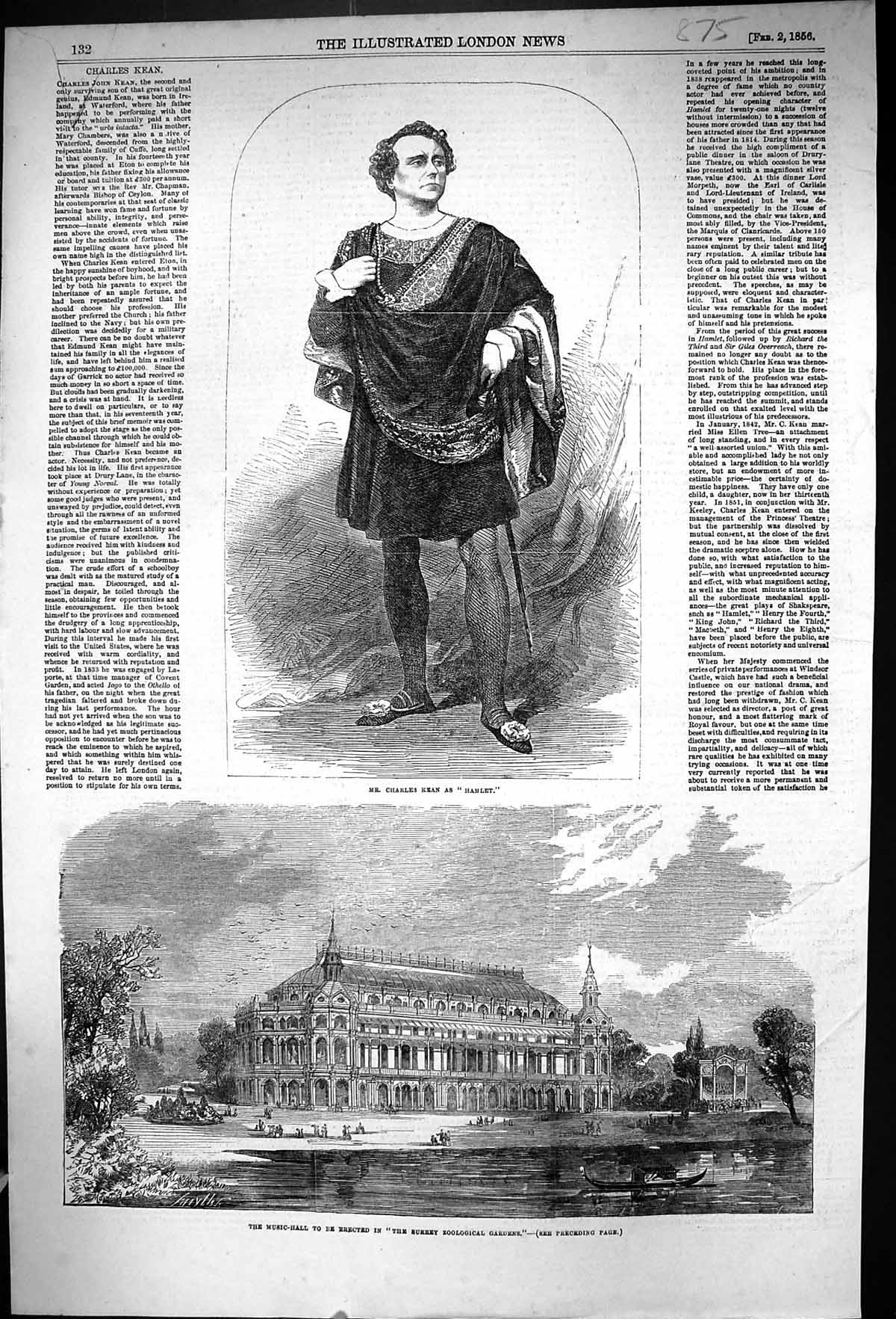 Antique Print 1856 Charles Kean Hamlet Music Hall Surrey Zoological Gardens