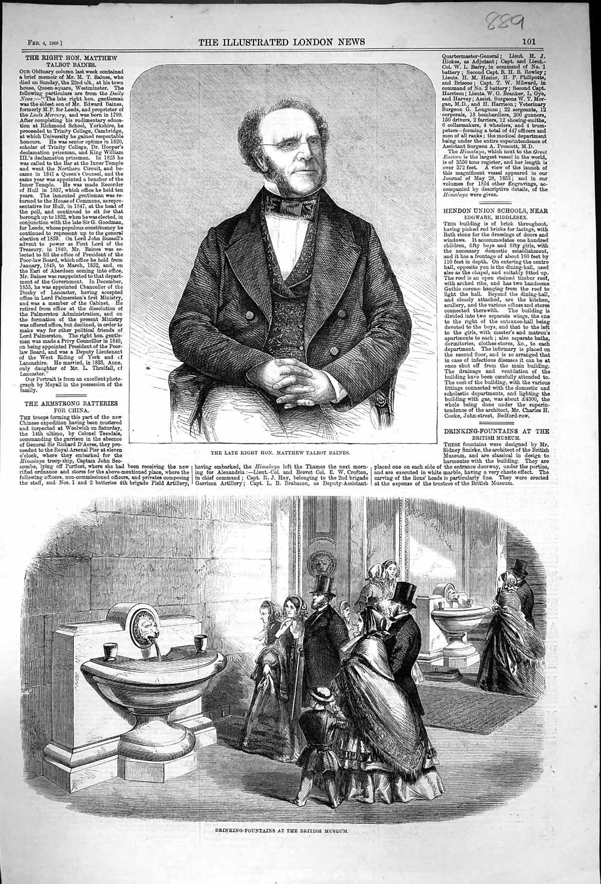Antique Old Print 1860 Matthew Talbot Baines Drinking Fountain British Museum