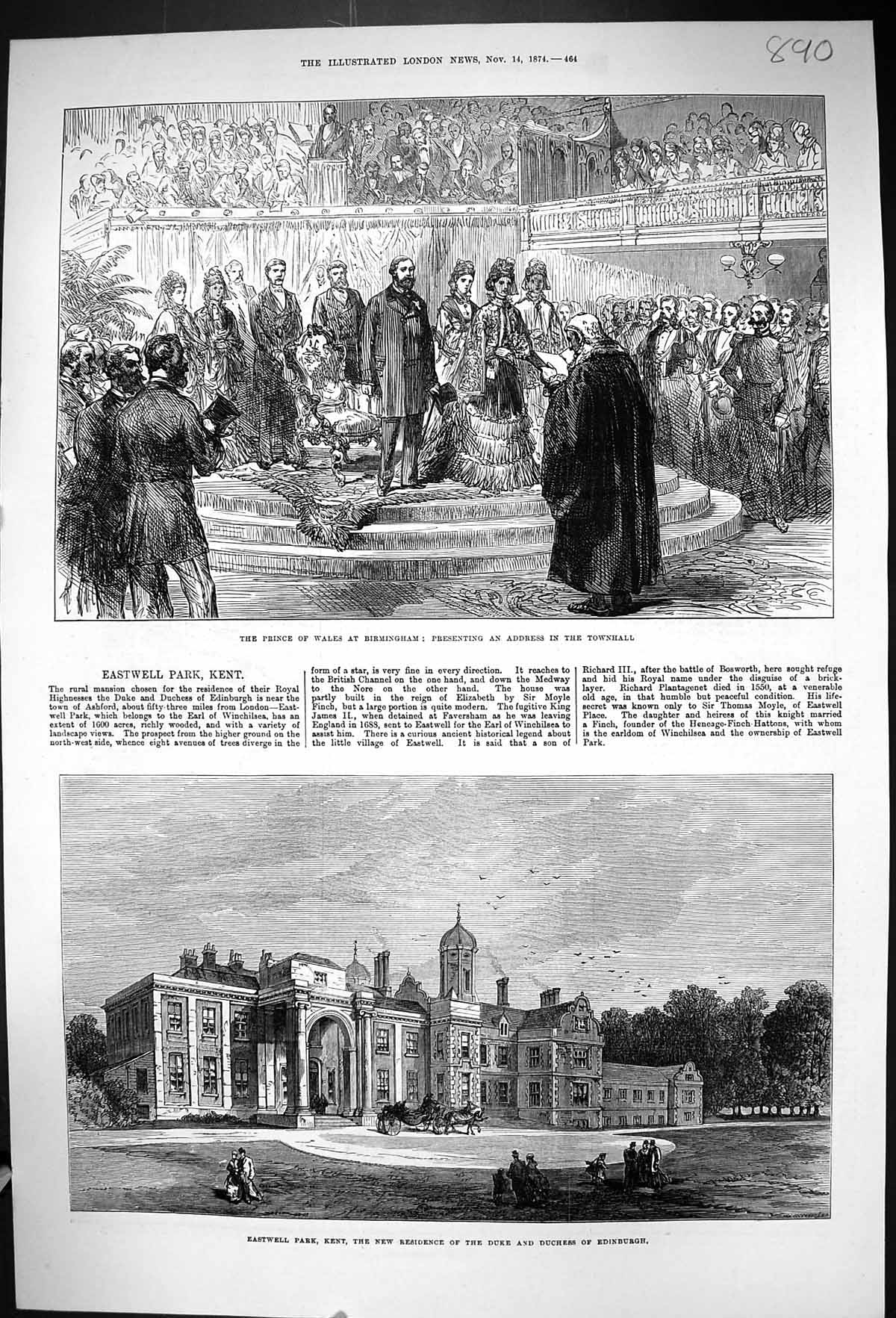 Old 1874 Prince Wales Birmingham Eastwell Park Kent Duke Duchess Edin Victorian