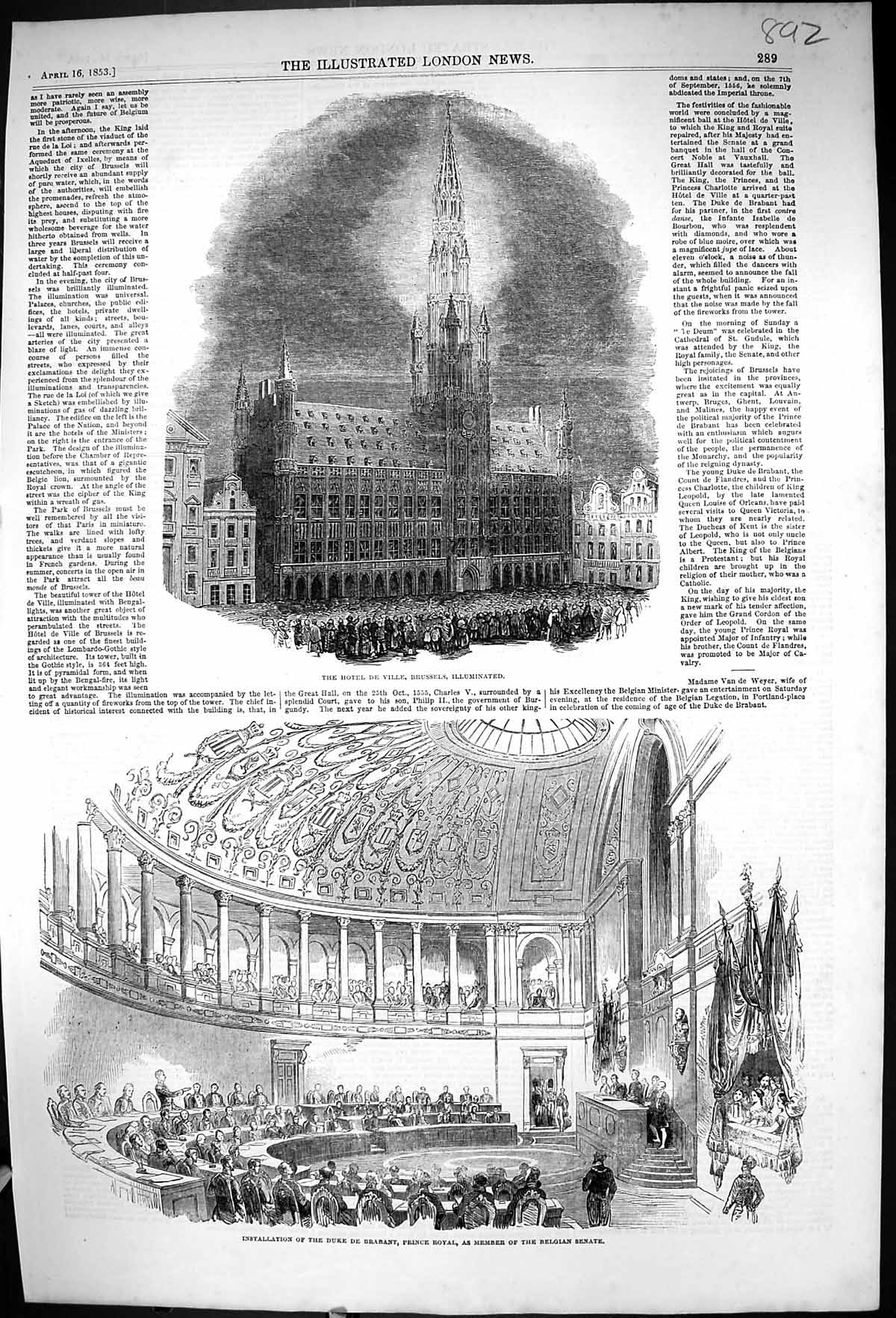 Old 1853 Hotel De Ville Brussels Installation Duke Brabant Prince Bel Victorian