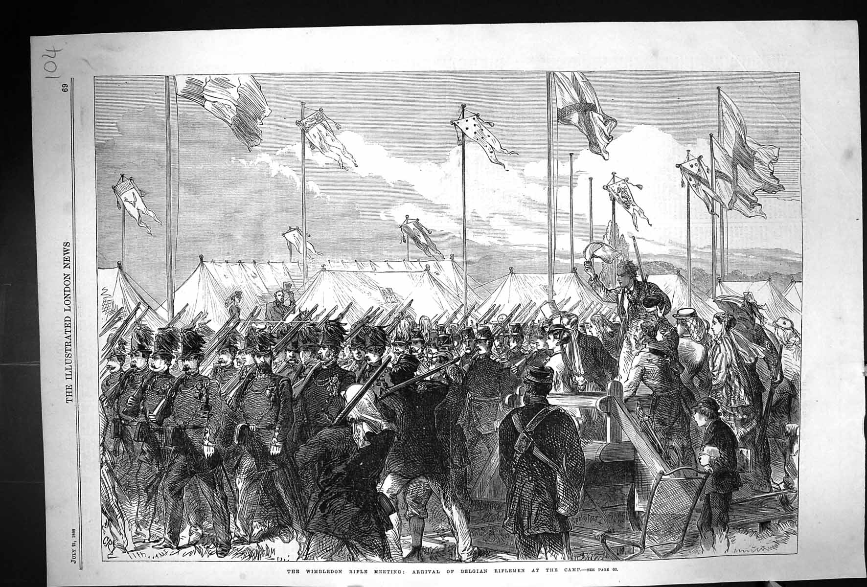 Old 1866 Wimbledon Rifle Meeting Scene Arrival Belgian Riflemen Camp Victorian