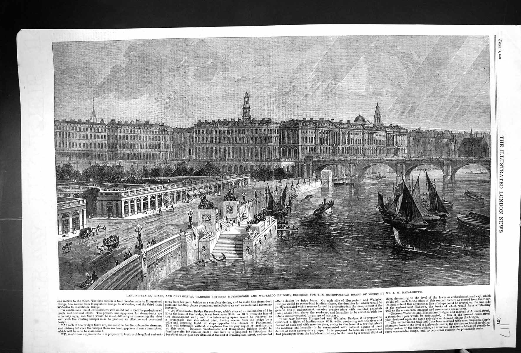 Old 1863 Landing Stairs Roads Gardens Waterloo Bridge Hungerford Rive Victorian