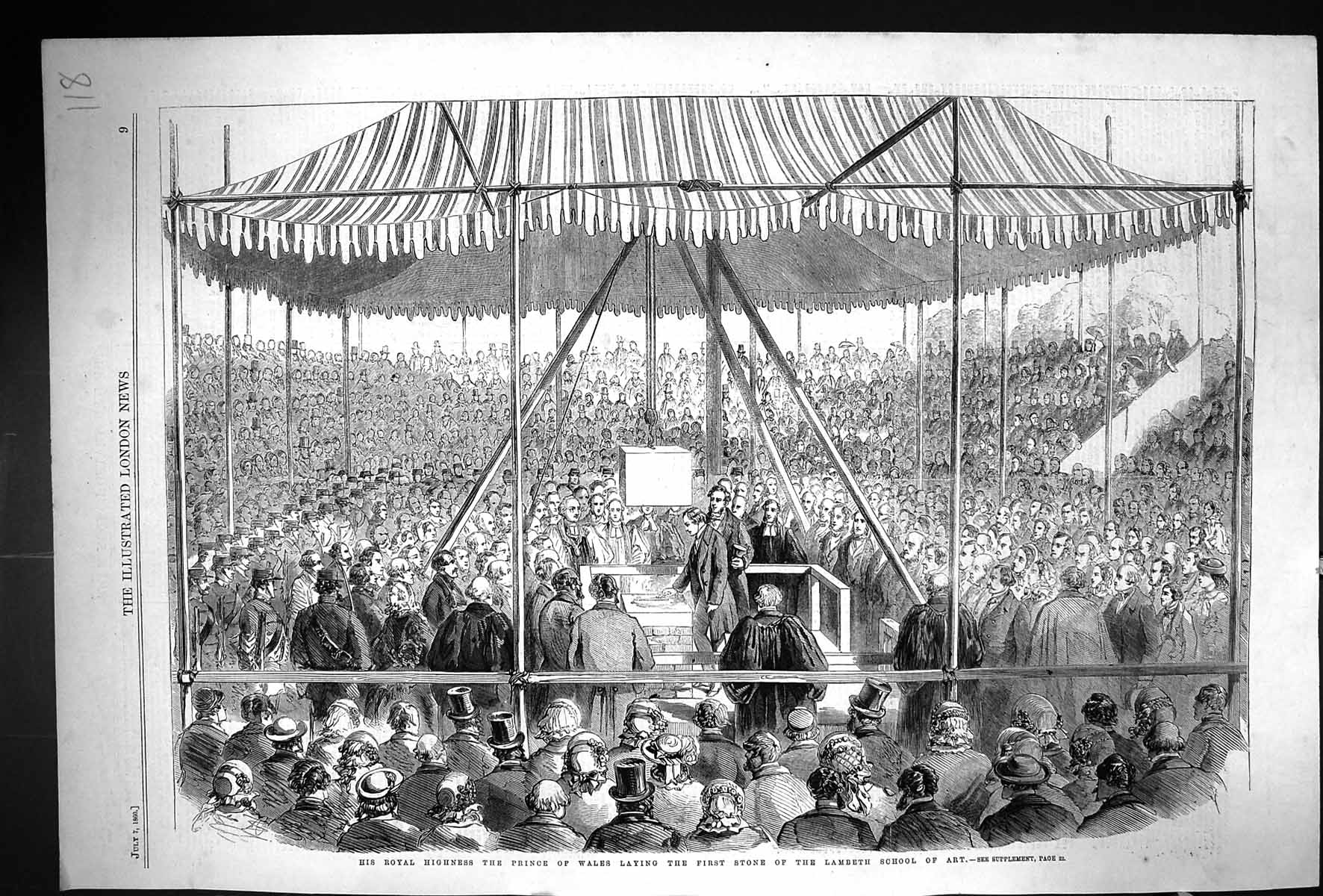 Antique Old Print 1860 Prince Wales Laying Stone Lambeth School Art London 19th