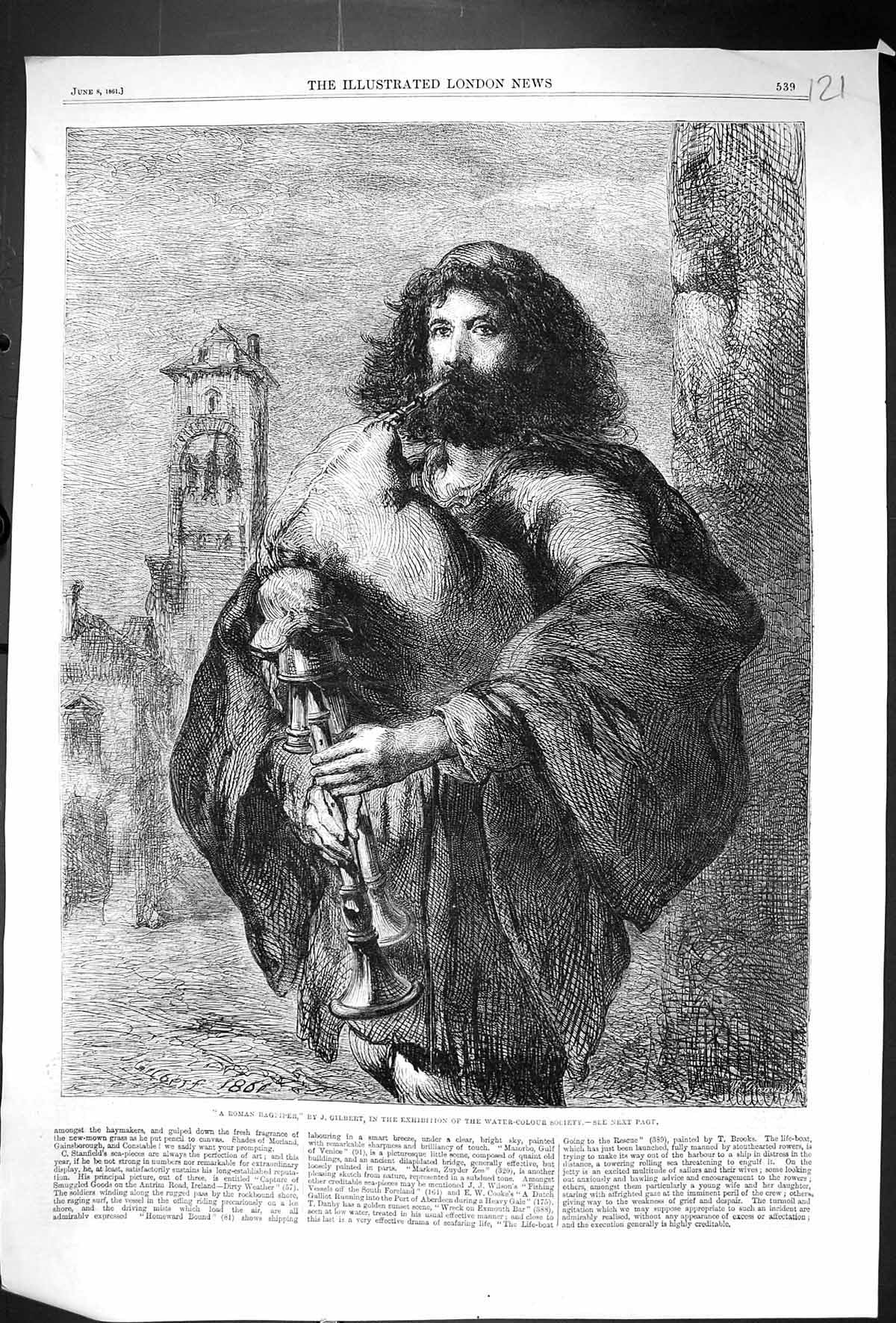 Old Antique Print 1861 Roman Bagpiper Music Gilbert Water-Colour Society 19th