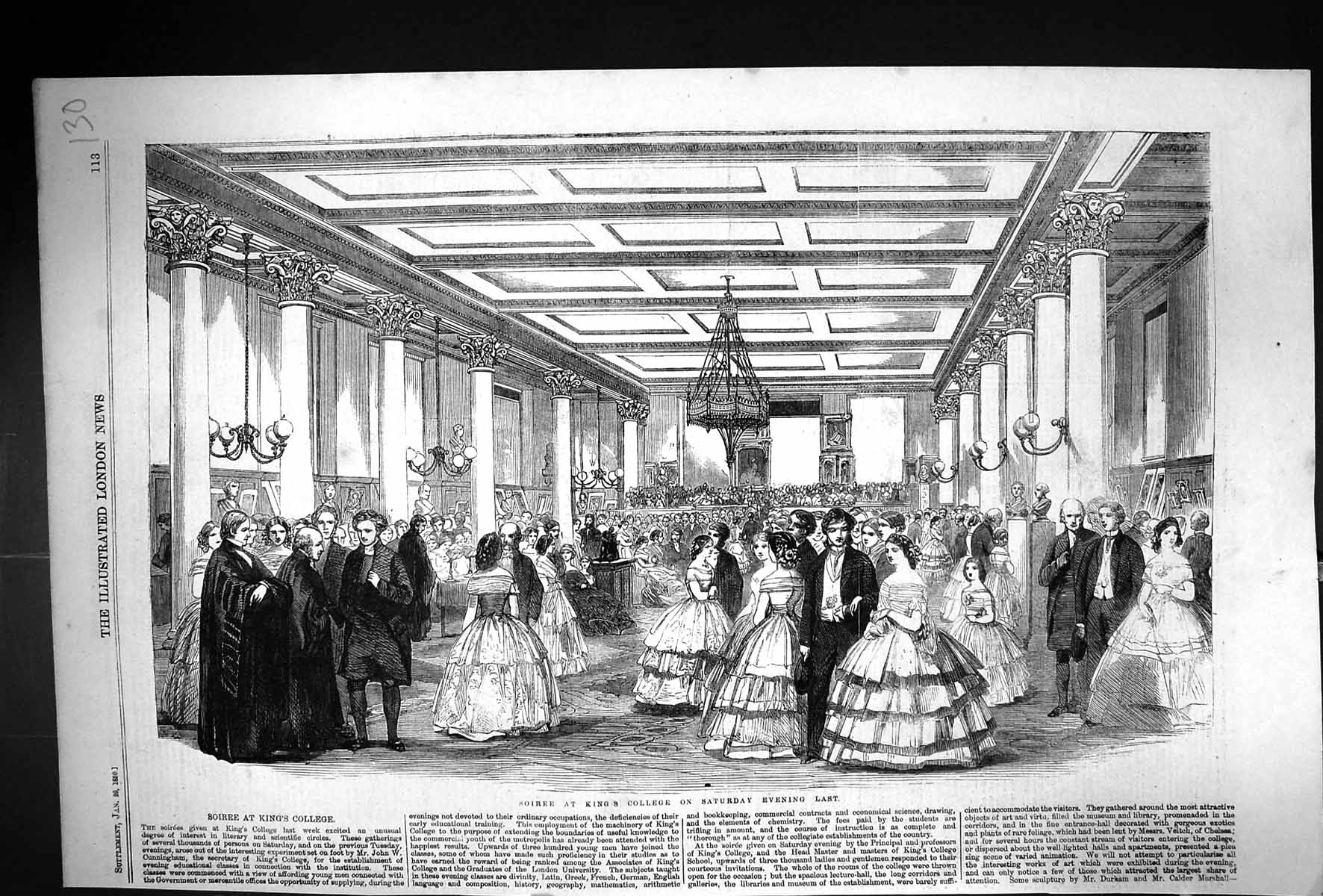 Old Antique Print 1859 Soiree King'S College Men Ladies Dancing Romance 19th