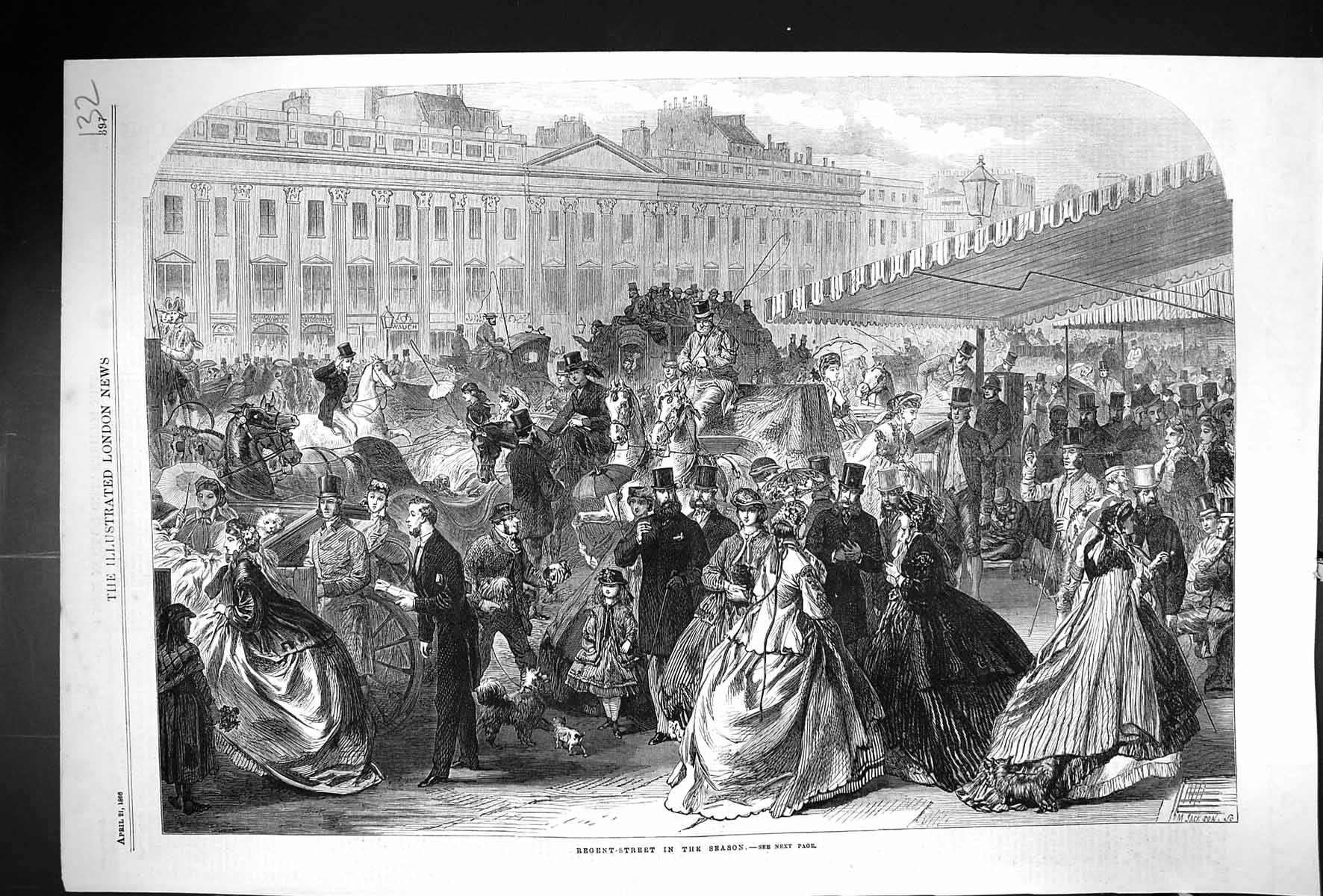Original Old Antique Print 1866 Regent Street London Scene Horses Carriage 19th