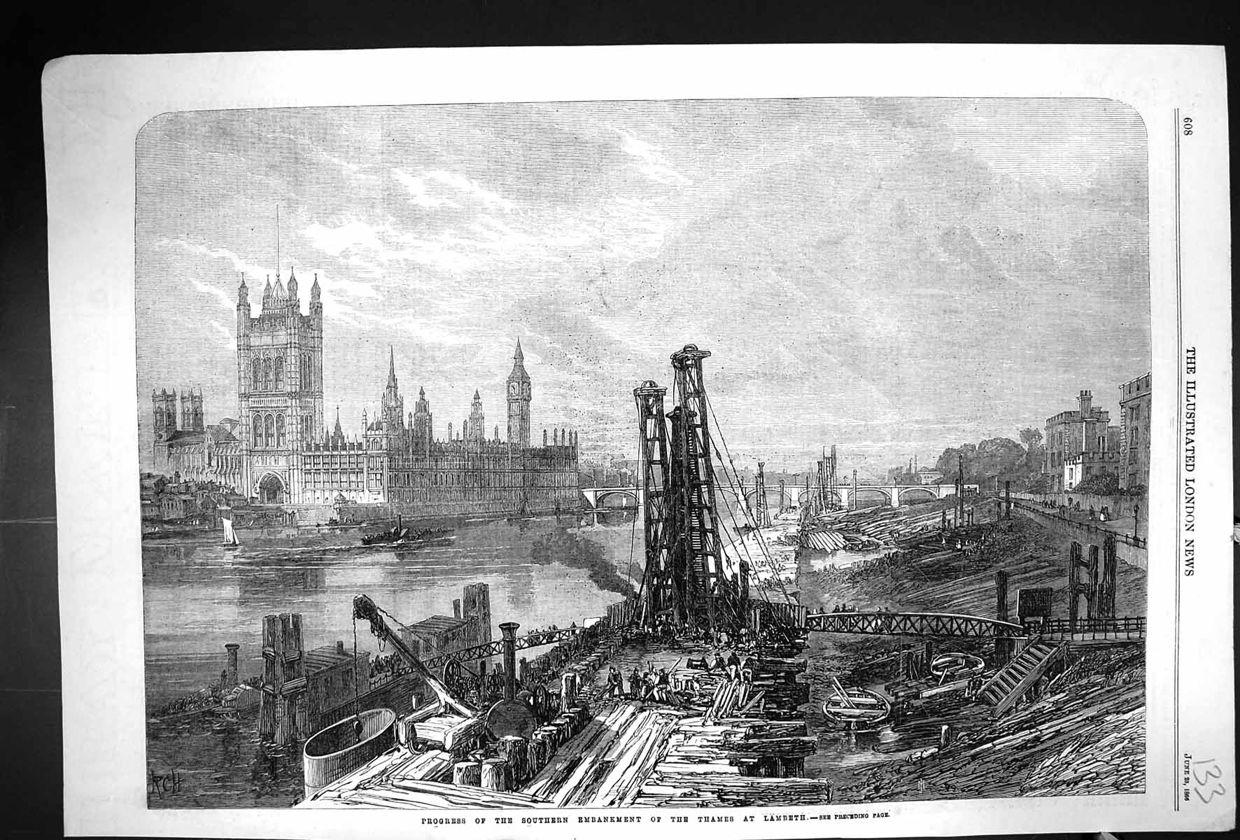 Old 1866 Progress Southern Embankment River Thames Lambeth London Fin Victorian