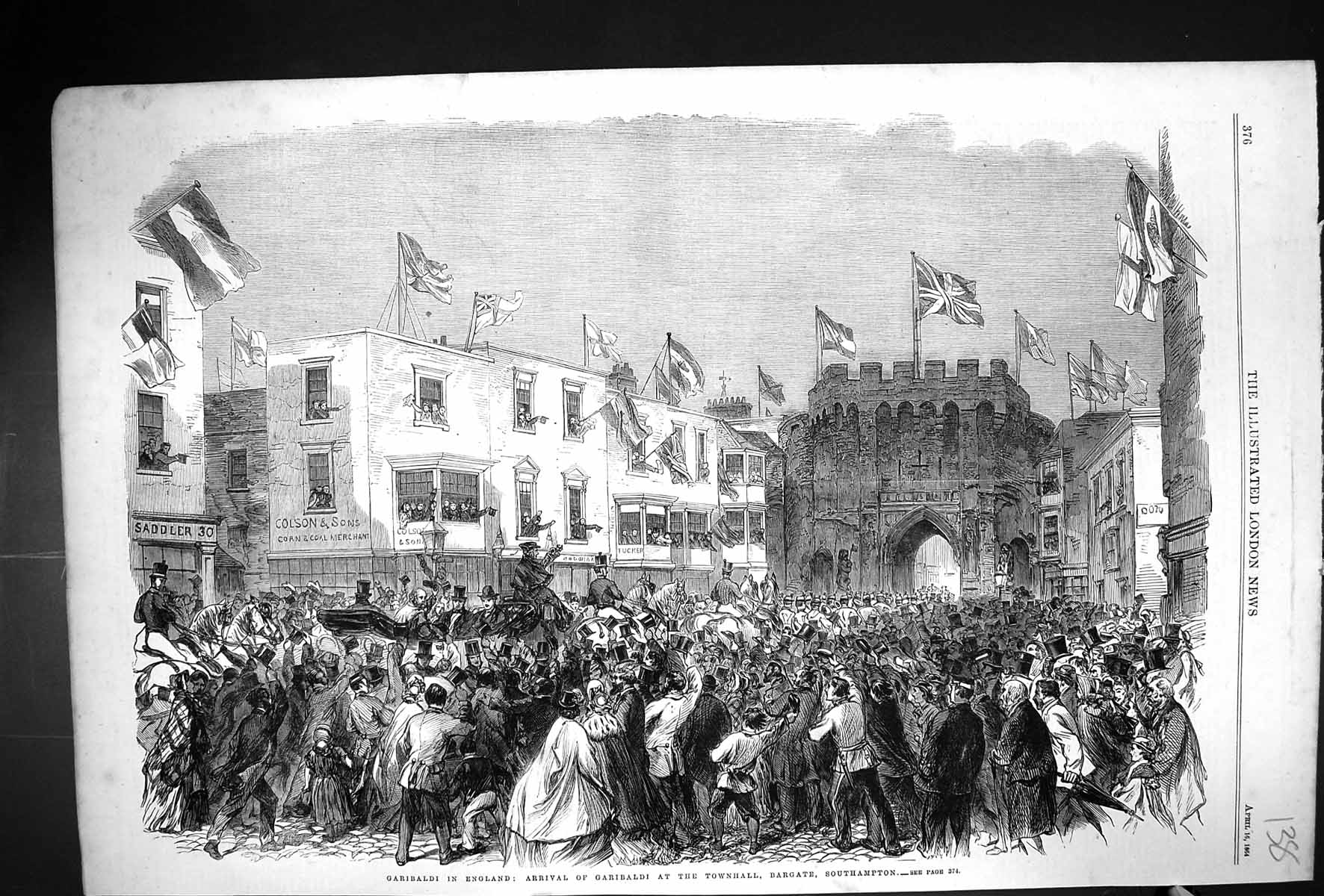 Antique Old Print 1864 Garibaldi England Townhall Bargate Southampton England