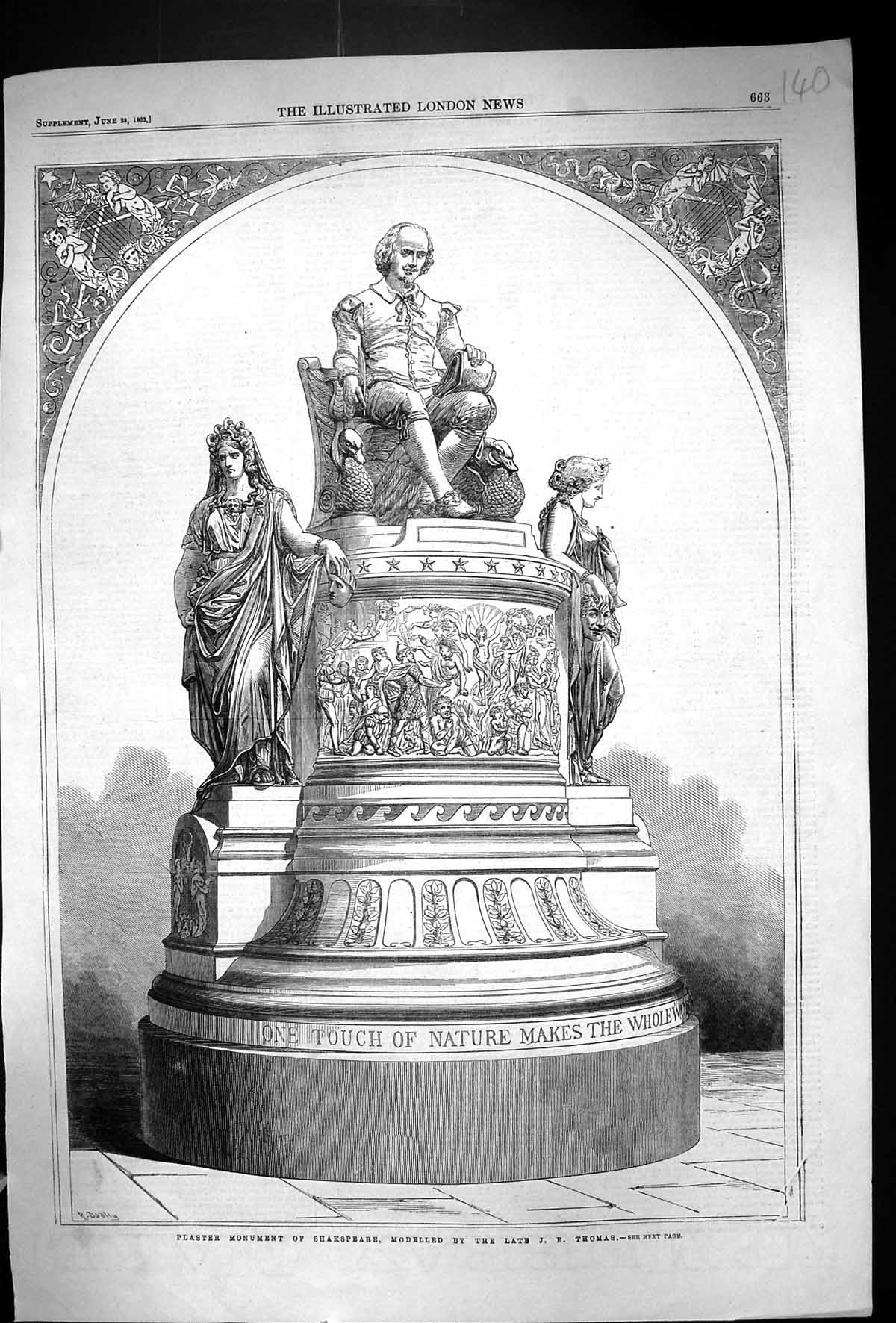 Original Old Antique Print 1862 Plaster Monument Shakspeare Thomas Victorian
