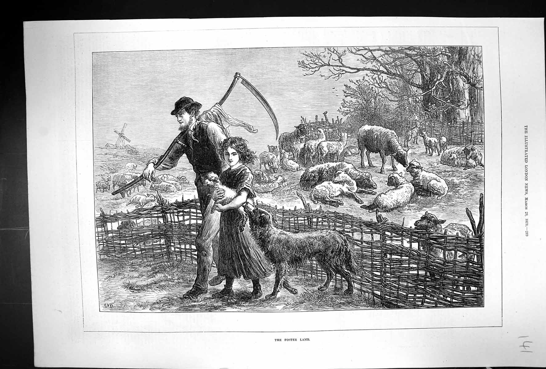 Old Antique Print 1873 Foster Lamb Sheep Shepherd Scythe Windmill Animals 19th