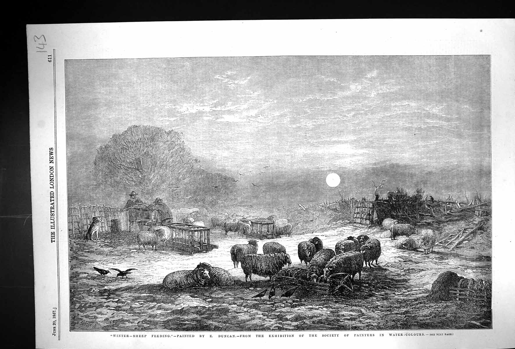 Old Antique Print 1857 Winter Sheep Moonlight Frost Shepherd Dog Duncan 19th