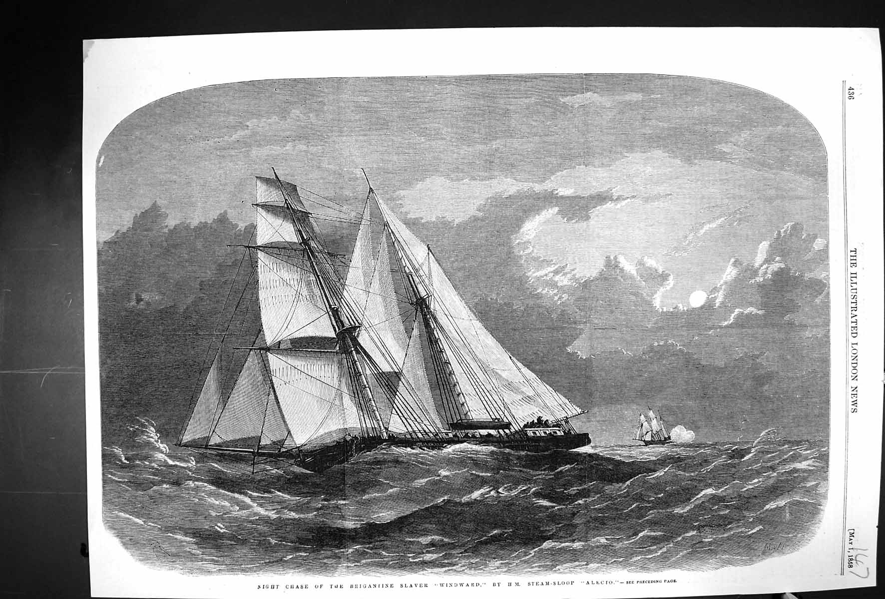 Old 1858 Night Chase Brigantine Slaver Ship Windward Sailing Steam-Sl Victorian
