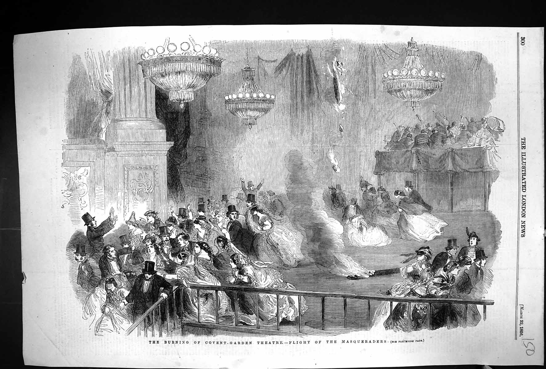 Antique Old Print 1856 Burning Covent Garden Theatre Fire Flight Masqueraders
