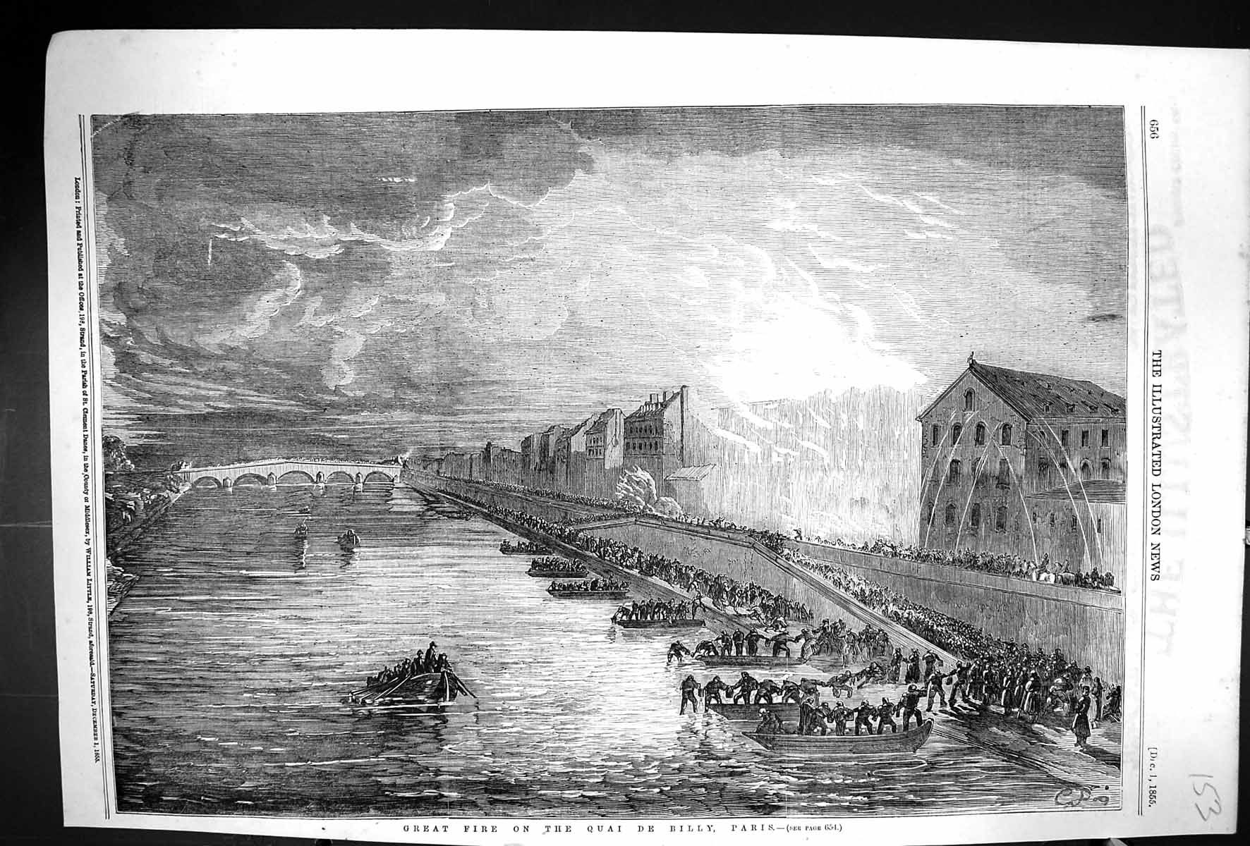 Old Print 1855 Great Fire Quai De Billy Paris France River Boats Firemen 19th