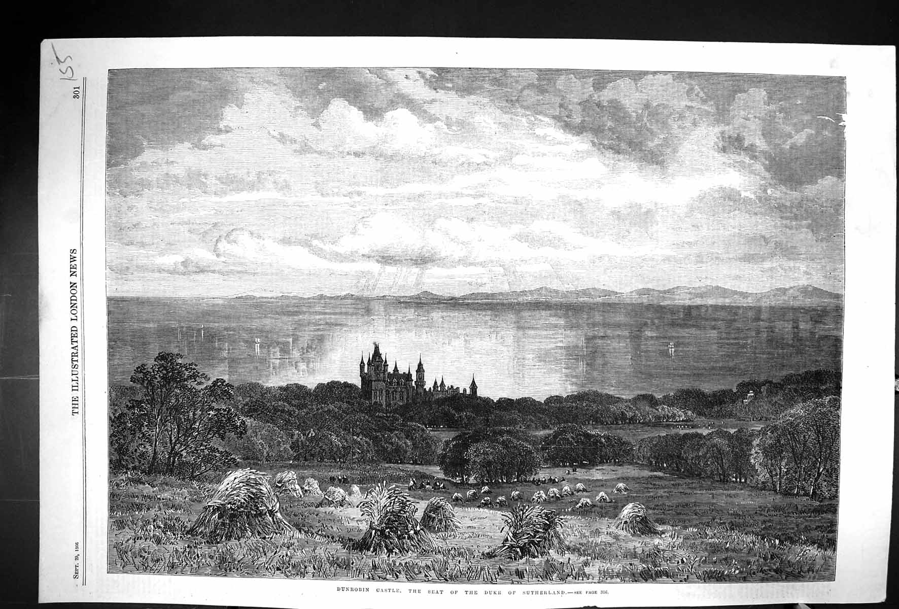 Old 1866 View Dunrobin Castle Golspie Duke Sutherland Sheep Haystacks Victorian