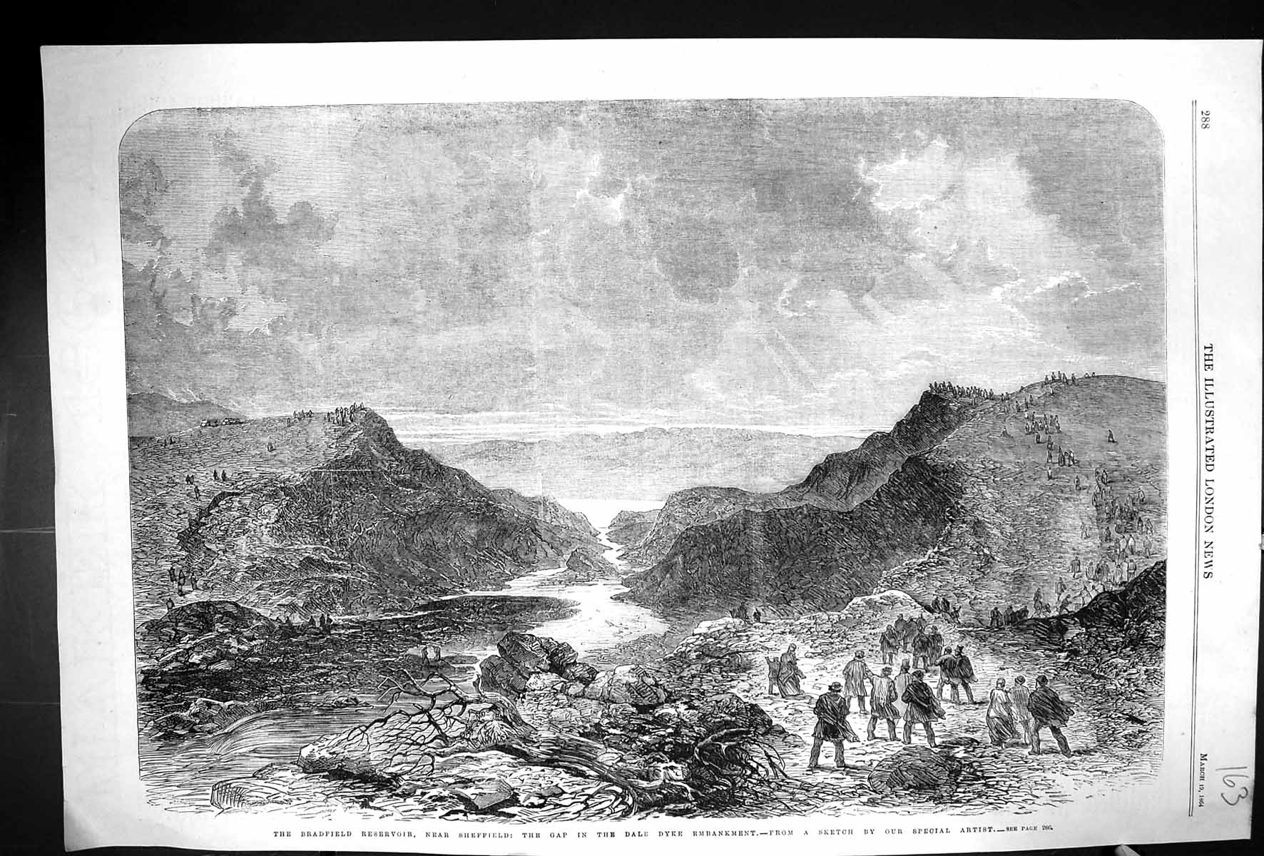Antique Old Print 1864 Bradfield Reservoir Sheffield Gap Dale Dyke Embankment