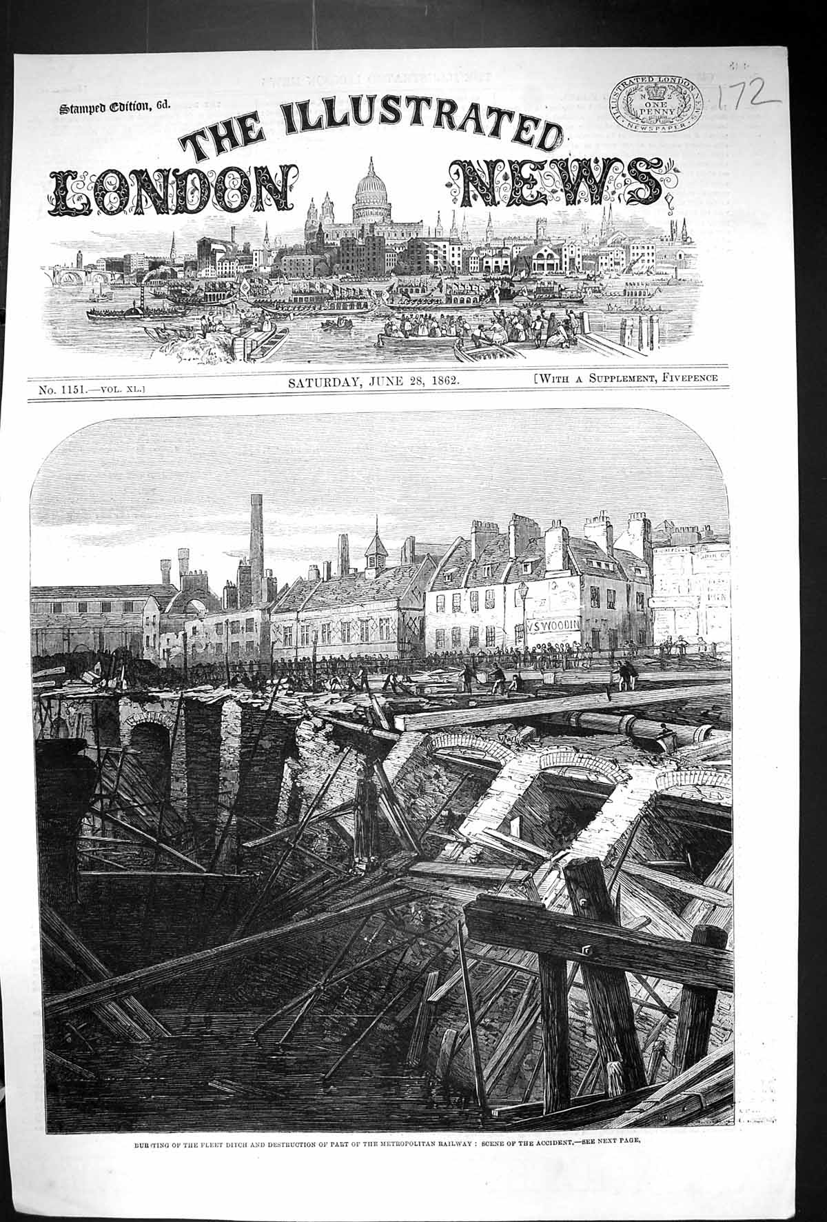 Old 1862 Bursting Fleet Ditch Destruction Metropolitan Railway Accide Victorian