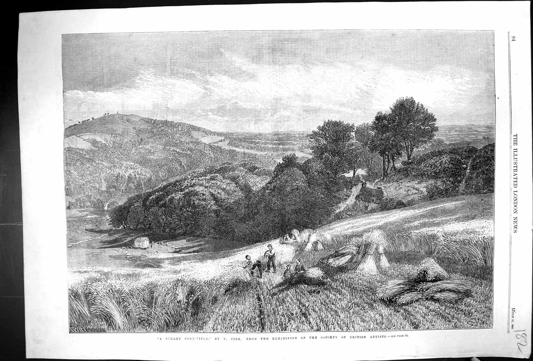 Original Old Antique Print 1861 Surrey Corn Field Haystacks Countryside Cole