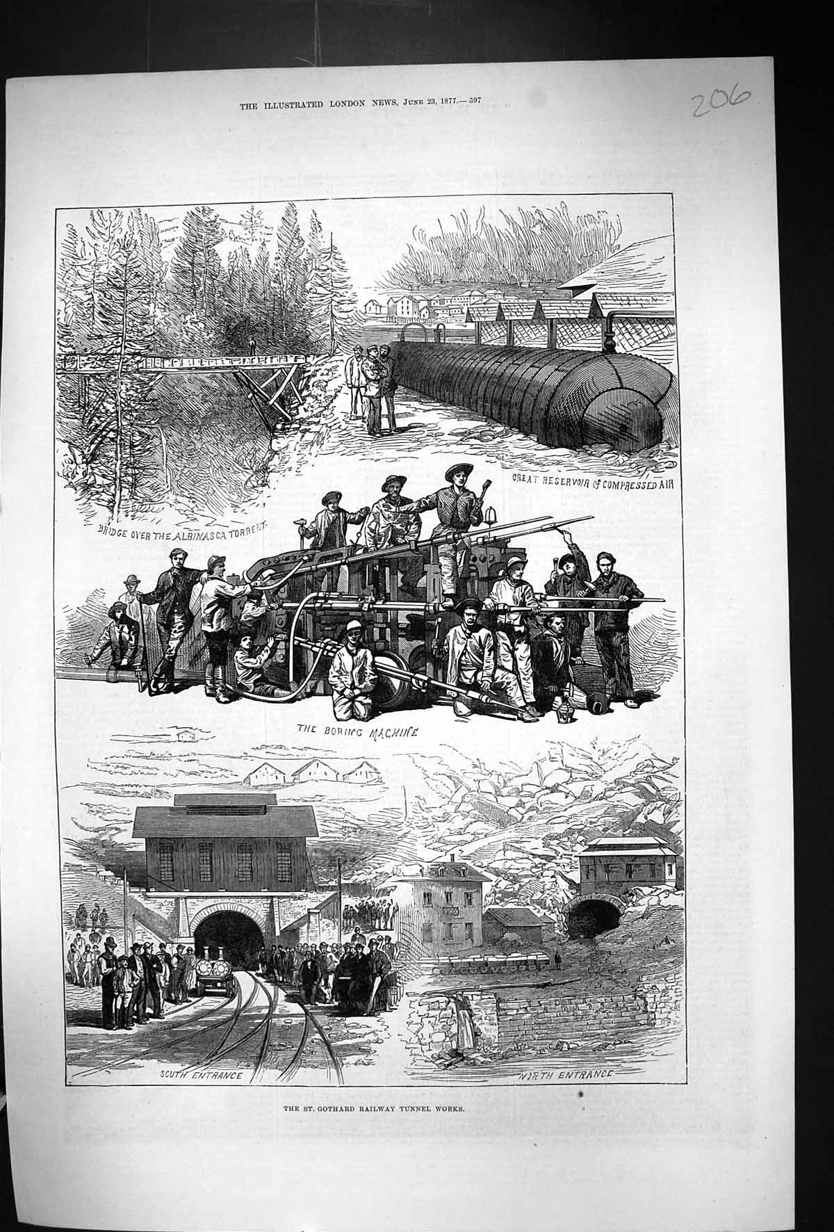 Old 1877 St. Gothard Railway Tunnel Works Boring Machine Bridge Albin Victorian