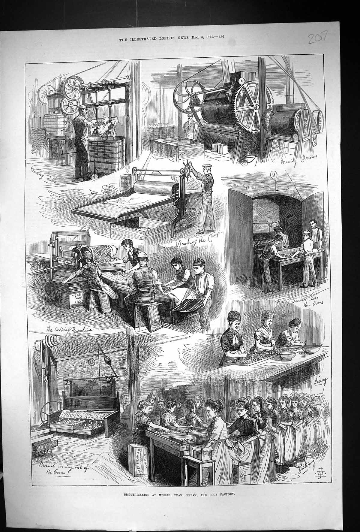 Antique Old Print 1874 Biscuit Making Peak Frean Factory Industry Machinery