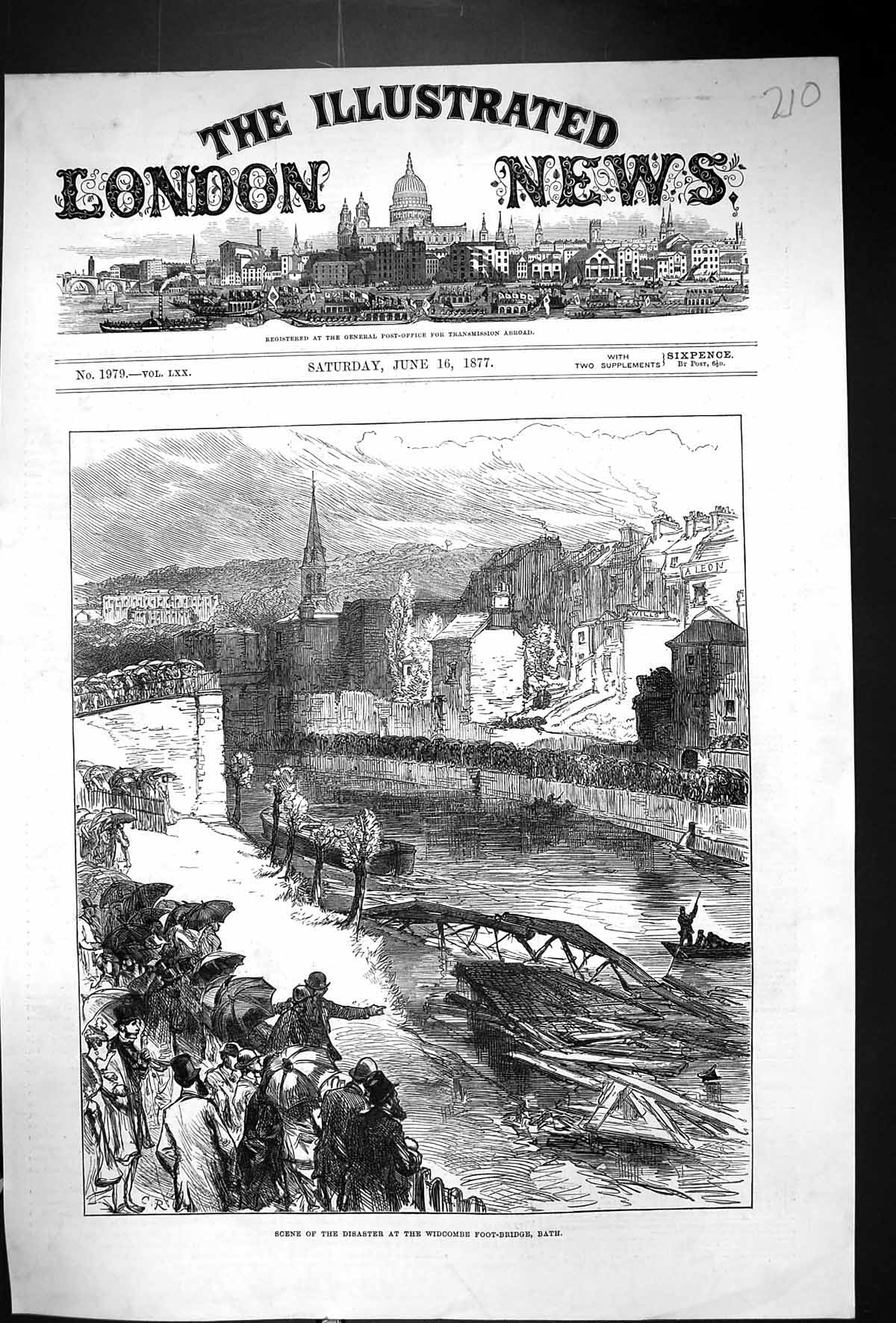 Antique Old Print 1877 Scene Disaster Widcombe Foot Bridge Bath River Boats