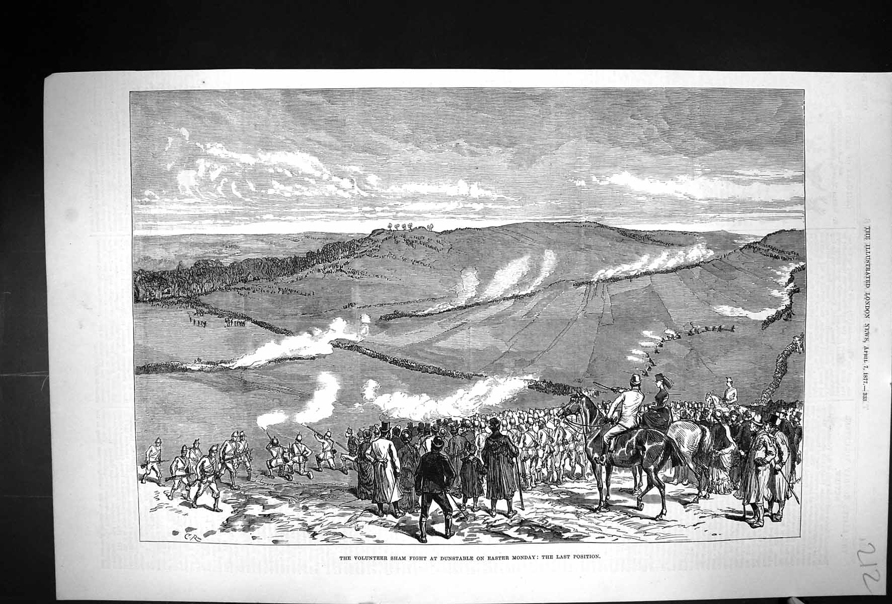 Old Print 1877 Volunteer Sham Fight Dunstable Easter Monday Siers Horses 19th