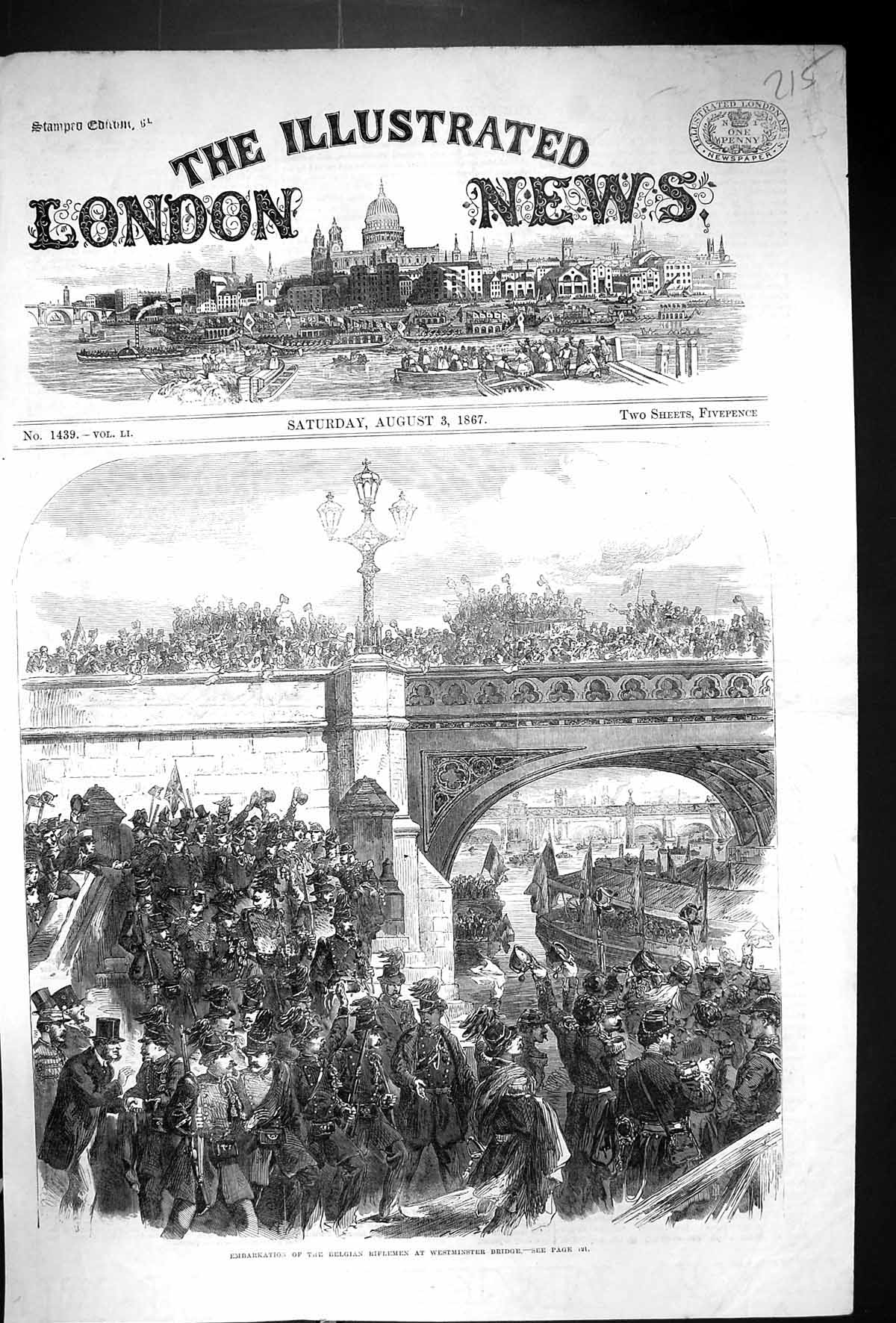 Old Print 1867 Embarkation Belgian Riflemen Westminster Bridge London Si 19th