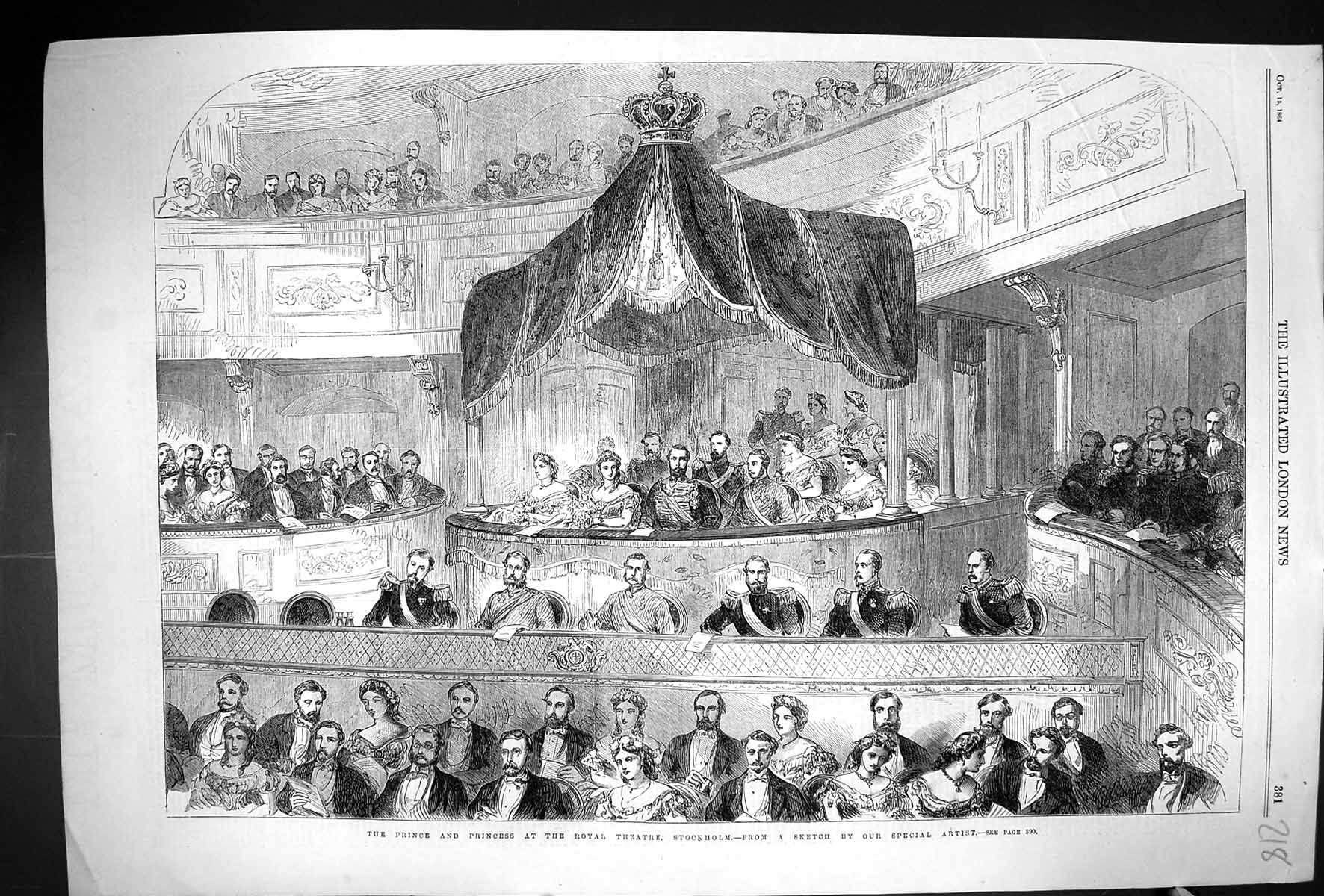 Original Old Antique Print 1864 Prince Wales Royal Theatre Stockholm Sweden