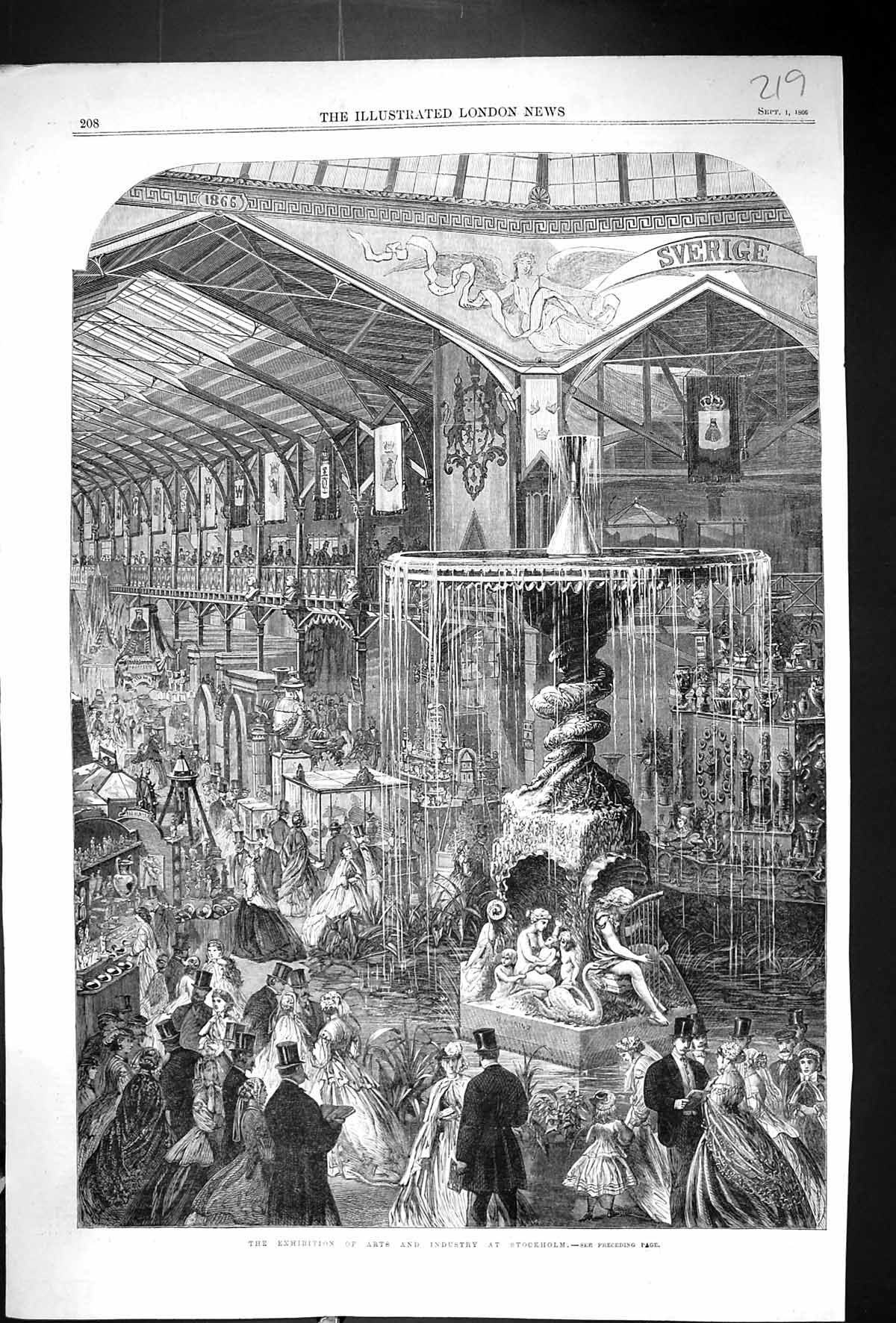 Old Antique Print 1866 Exhibition Arts Industry Stockholm Sweden Fine Art 19th