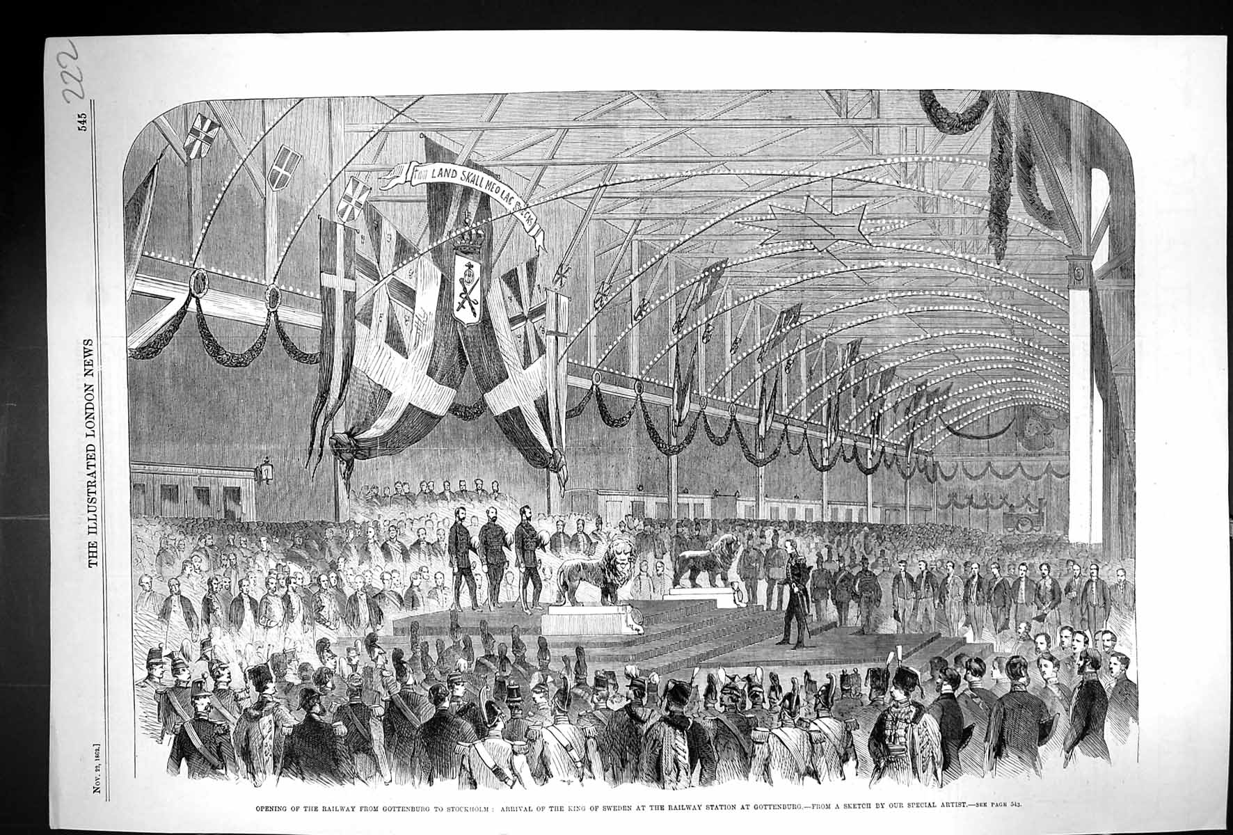 Original Old Antique Print 1862 Railway Stockholm Gottenburg King Train Siers