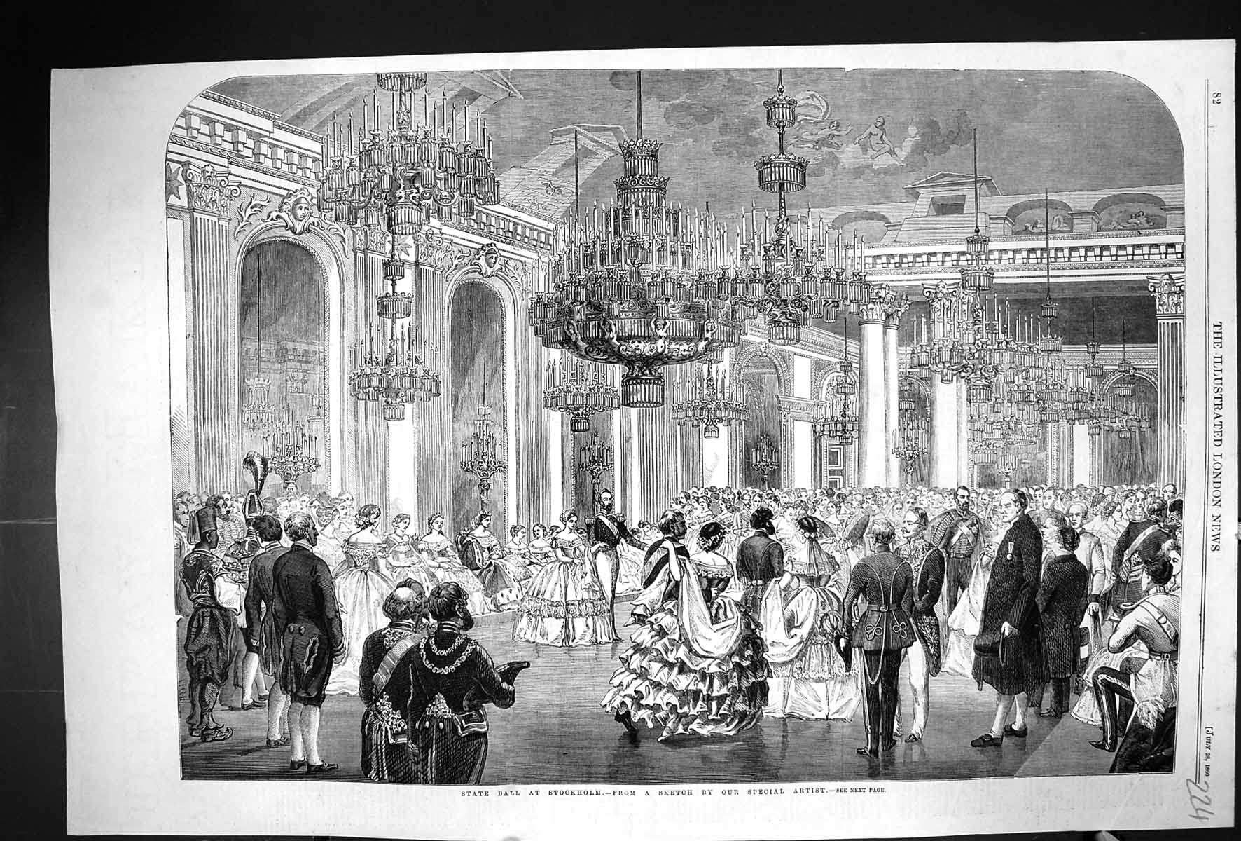 Original Old Antique Print 1860 State Ball Stockholm Sweden Dancing Romance