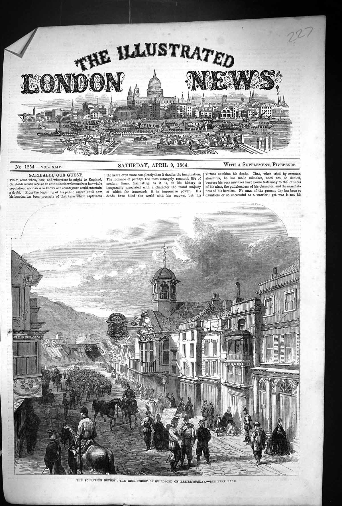 Antique Old Print 1864 Volunteer Review High Street Guildford London Siers 19th