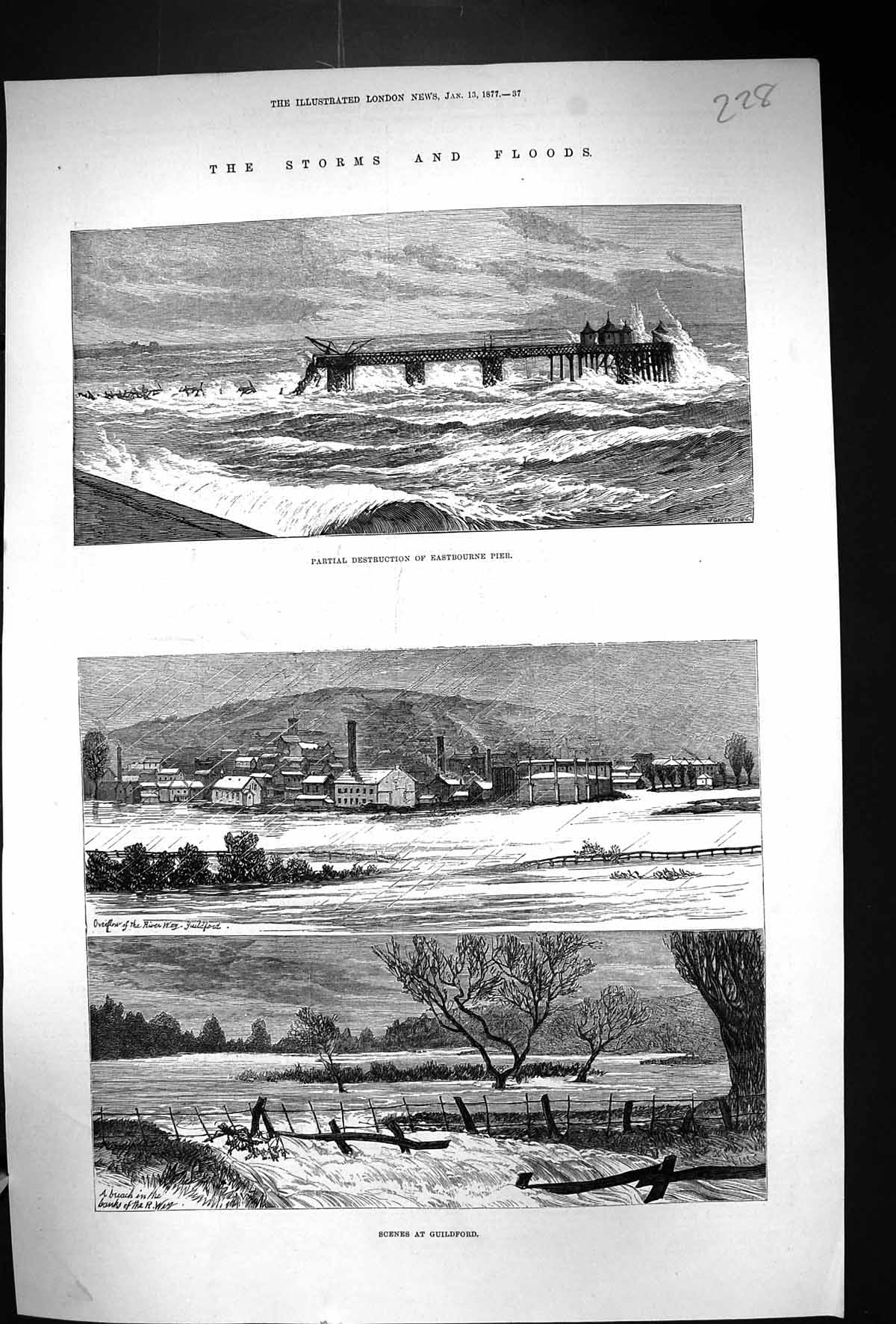 Old 1877 Weather Storms Floods Destruction Eastbourne Pier Guildford Victorian