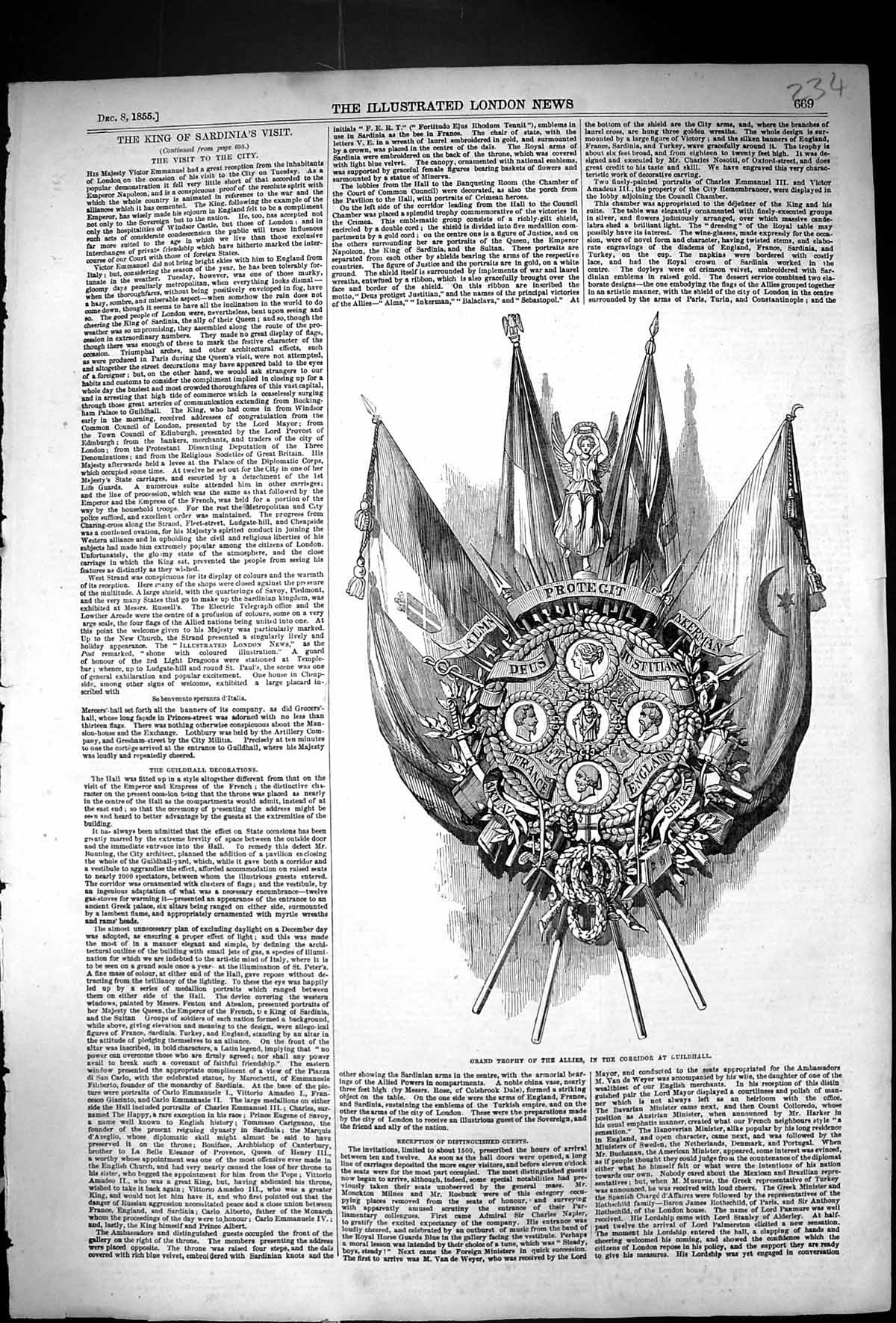 Original Old Antique Print 1855 Grand Trophy Allies Corridor Guildhall London