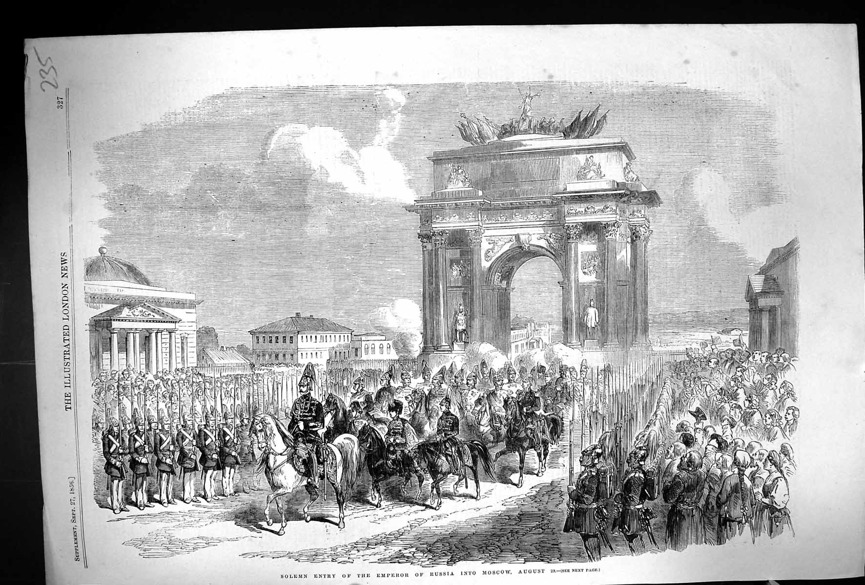 Original Old Antique Print 1856 Solemn Entry Emperor Russia Moscow Siers War
