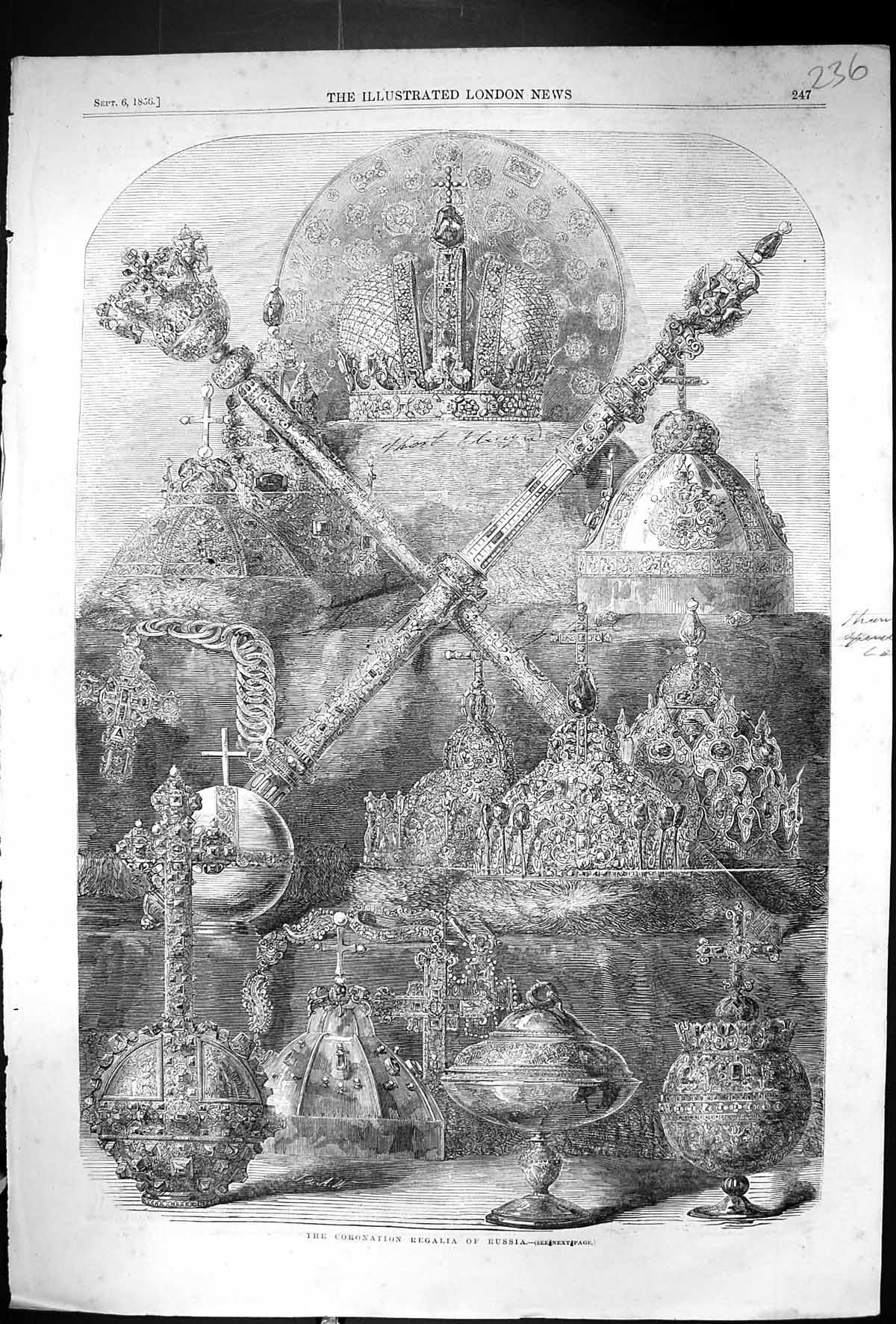 Original Old Antique Print 1856 Coronation Regalia Russia Swords Crown 19th