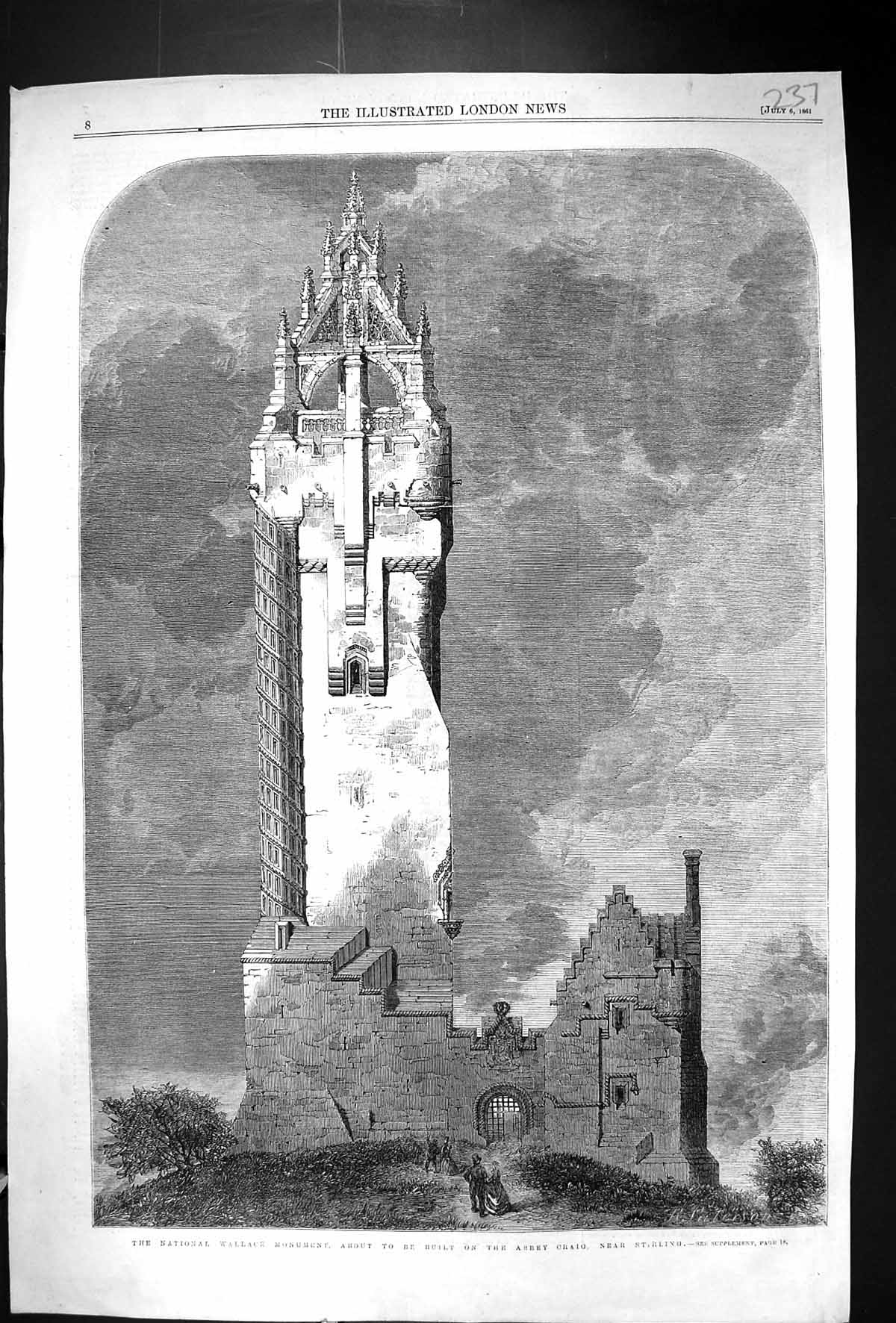 Antique Print 1861 National Wallace Monument Abbey Craig Stirling Scotland 19th