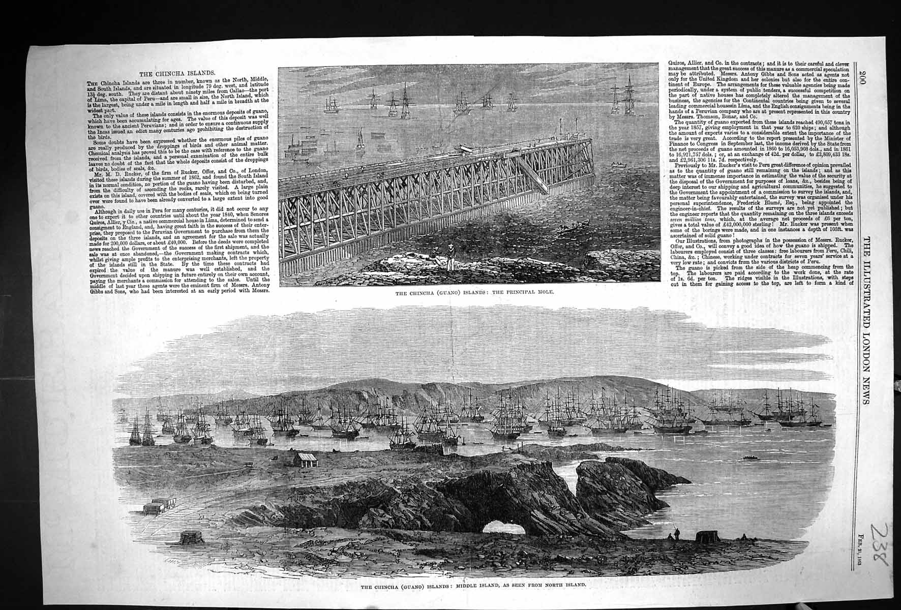 Original Old Antique Print 1863 Chincha Guano Islands Principal Mole War Ships