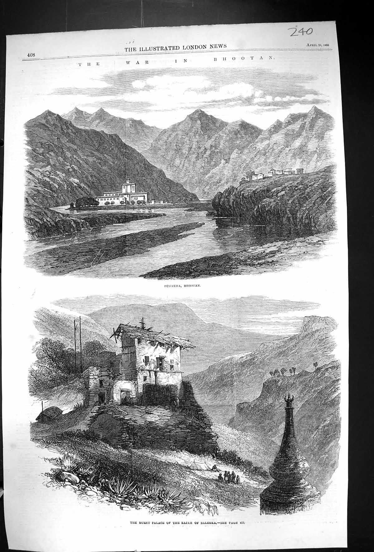 Antique Print 1866 War Bhootan Punakha Burnt Palace Rajah Saleeka Mountains
