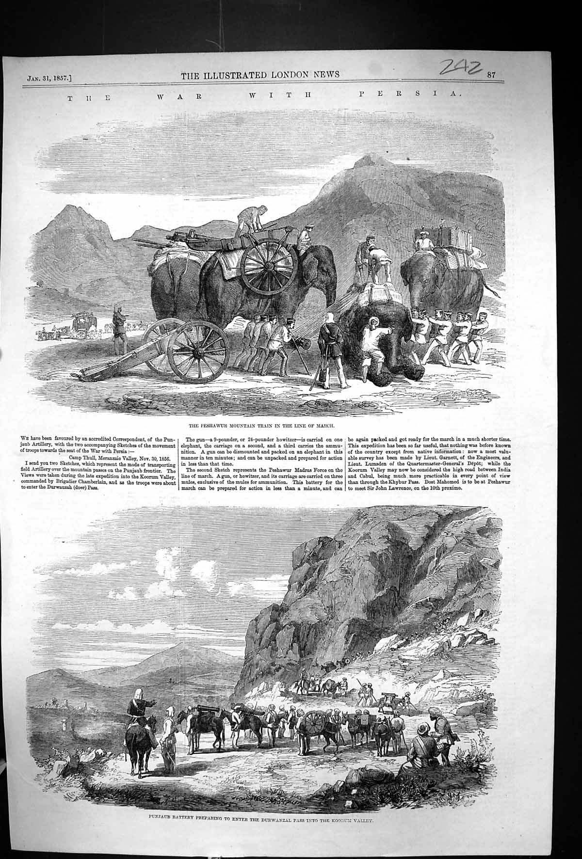 Old 1857 War Persia Peshawur Mountain Train Punjaub Battery Durwanzal Victorian