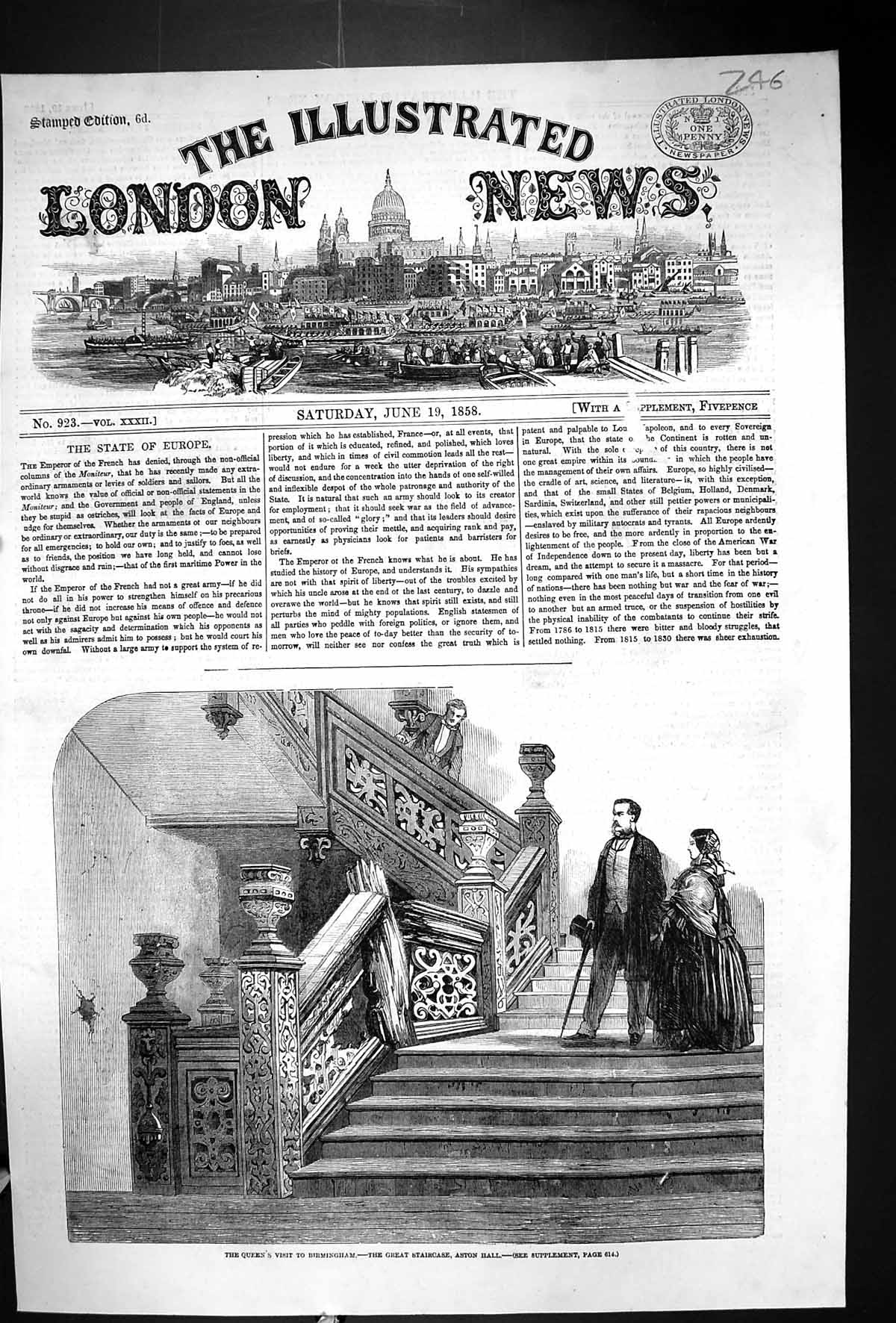 Old Print 1858 Queen England Visit Birmingham Great Staircase Aston Hall 19th