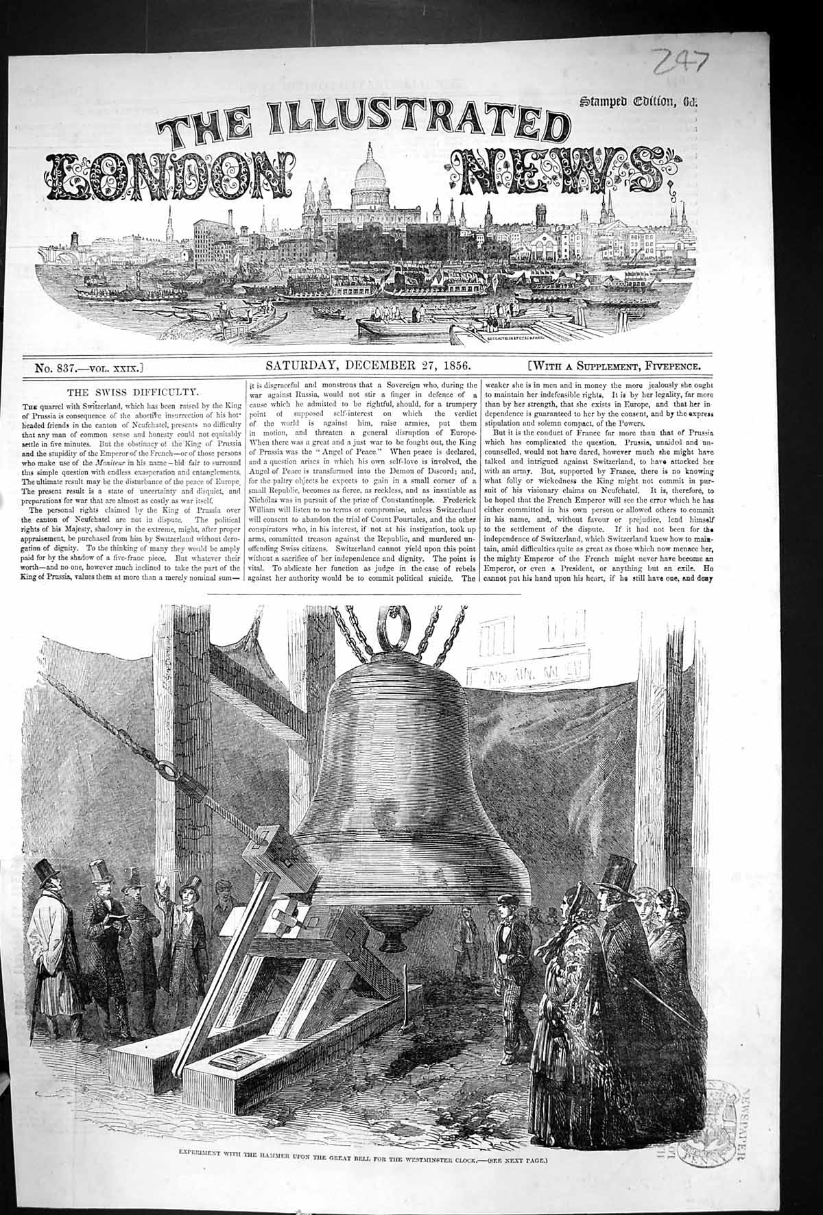 Old 1856 Experiment Hammer Great Bell Westminster Clock London Englan Victorian