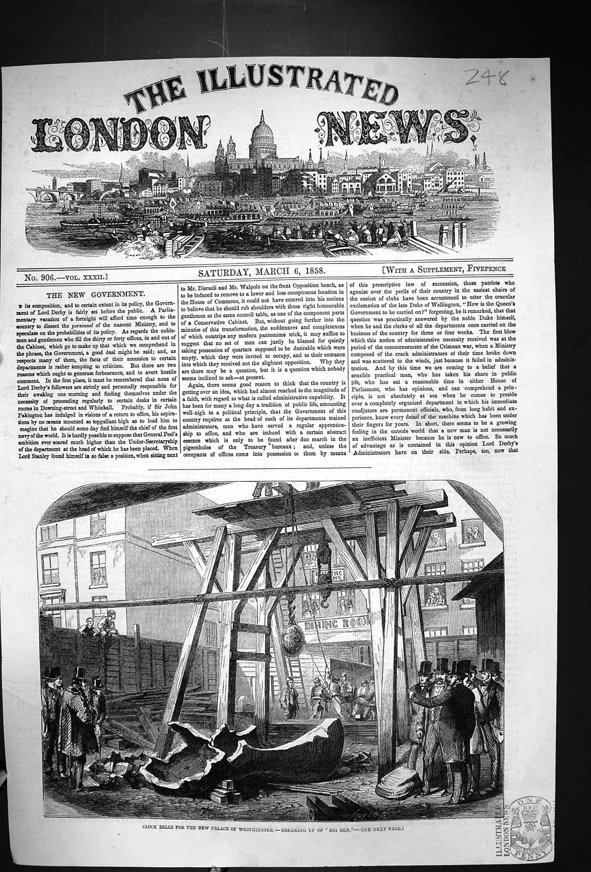 Old Print 1858 Clock Bells Palace Westminster London Breaking Up Big Ben 19th